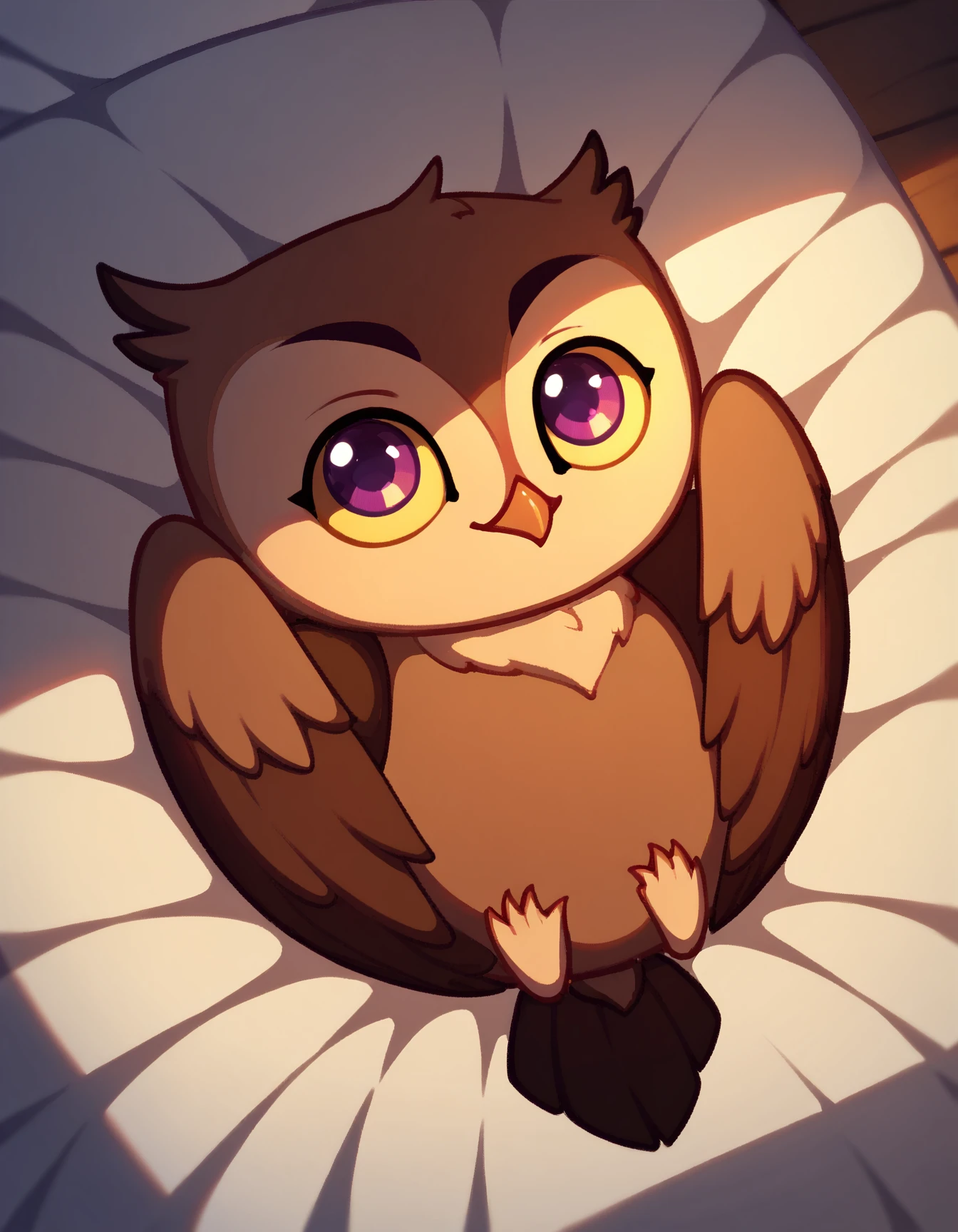 score_9, score_8_up, score_7_up, score_6_up, chibi, solo
Fil, owl, vibrant purple eyes, yellow sclera, brown feathers, brown wings, best quality, masterpiece, lying on bed, looking back
<lora:Fil_XL:0.9>