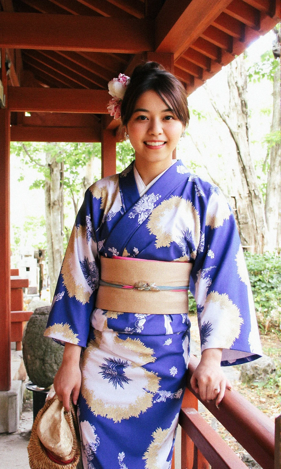 An analogue photo of (sks woman:1) picture border, wearing a kimono in a Japanese Shinto shrine.