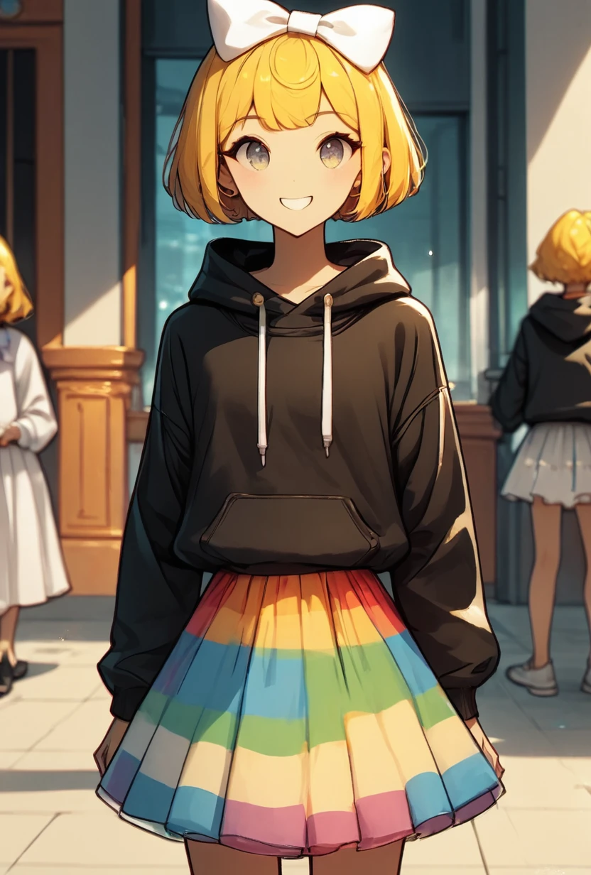 <lora:xmattarchan-10:1> xmattarchan, short hair, skirt, long sleeves, bow, black hoodie, yellow hair, white bow, multicolored skirt, looking at viewer, smiling,   <lora:danny_phantom_style:1> danny_phantomstyle, score_9, score_8_up, score_7_up, masterpiece, best quality