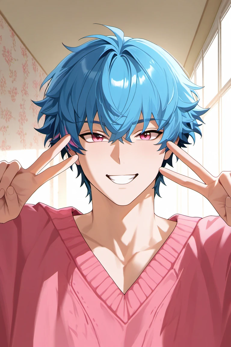 anime coloring, subsurface scattering, realistic shading, day, natural lighting, cute wallpaper, male focus, double v, looking at viewer, smiling, teeth, grin, expressive face, BrantWUWA, greenish blue-pink_BrantWUWA_multicolored hair, purplish pink_BrantWUWA_eyes, sweater, 1boy, indoors, straight-on, intricately detailed illustration, masterpiece, best quality, amazing quality, very aesthetic, absurdres, newest