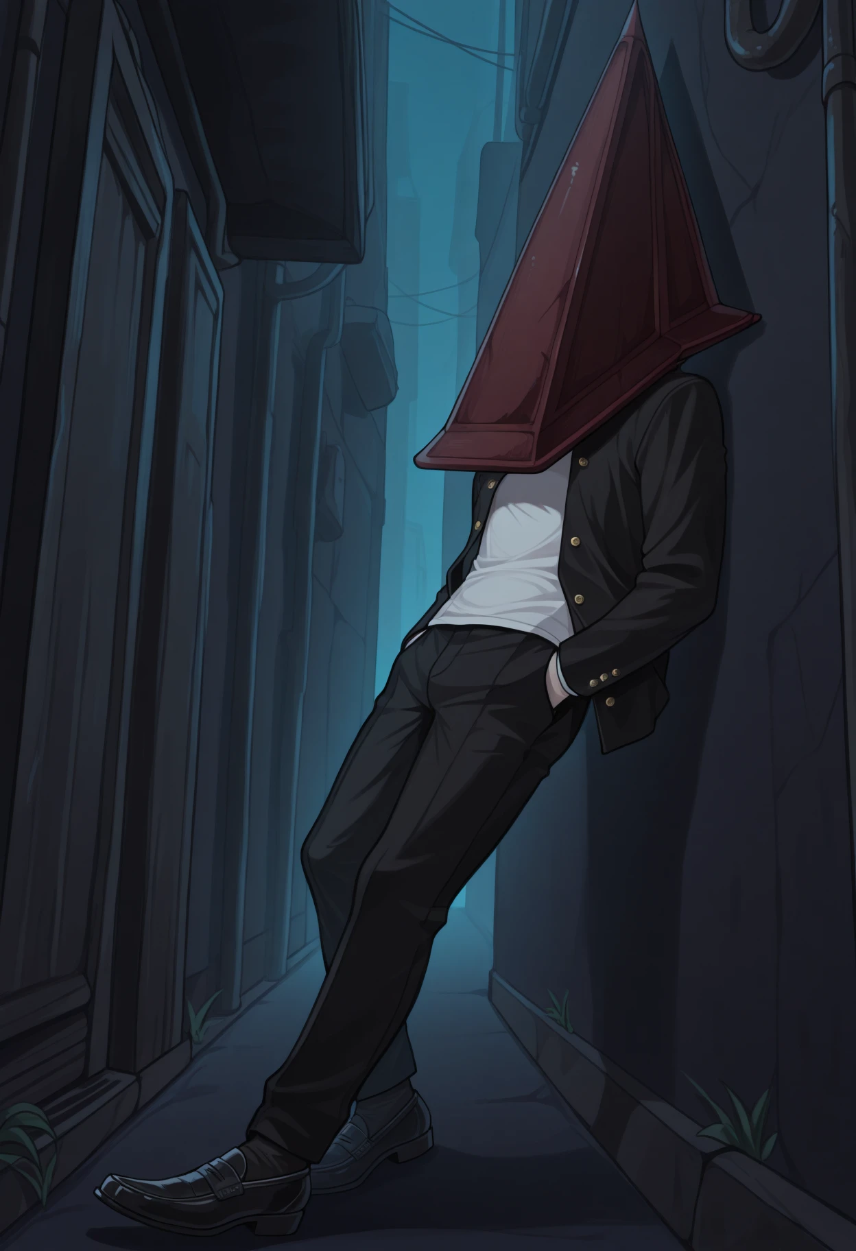 masterpiece, best quality, 1boy, solo, Pyram1dHead, helmet, gakuran, black jacket, open jacket, white t-shirt, black pants, hands in pockets, black loafers, leaning back, outdoors, alley, night, fog, <lora:ChamPyramidHeadIllustriousXL:1>