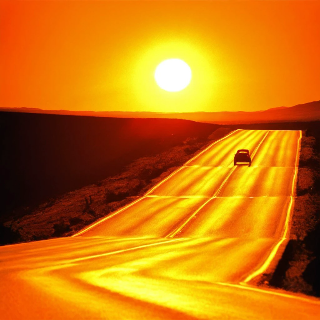 road, car, landscape, sun