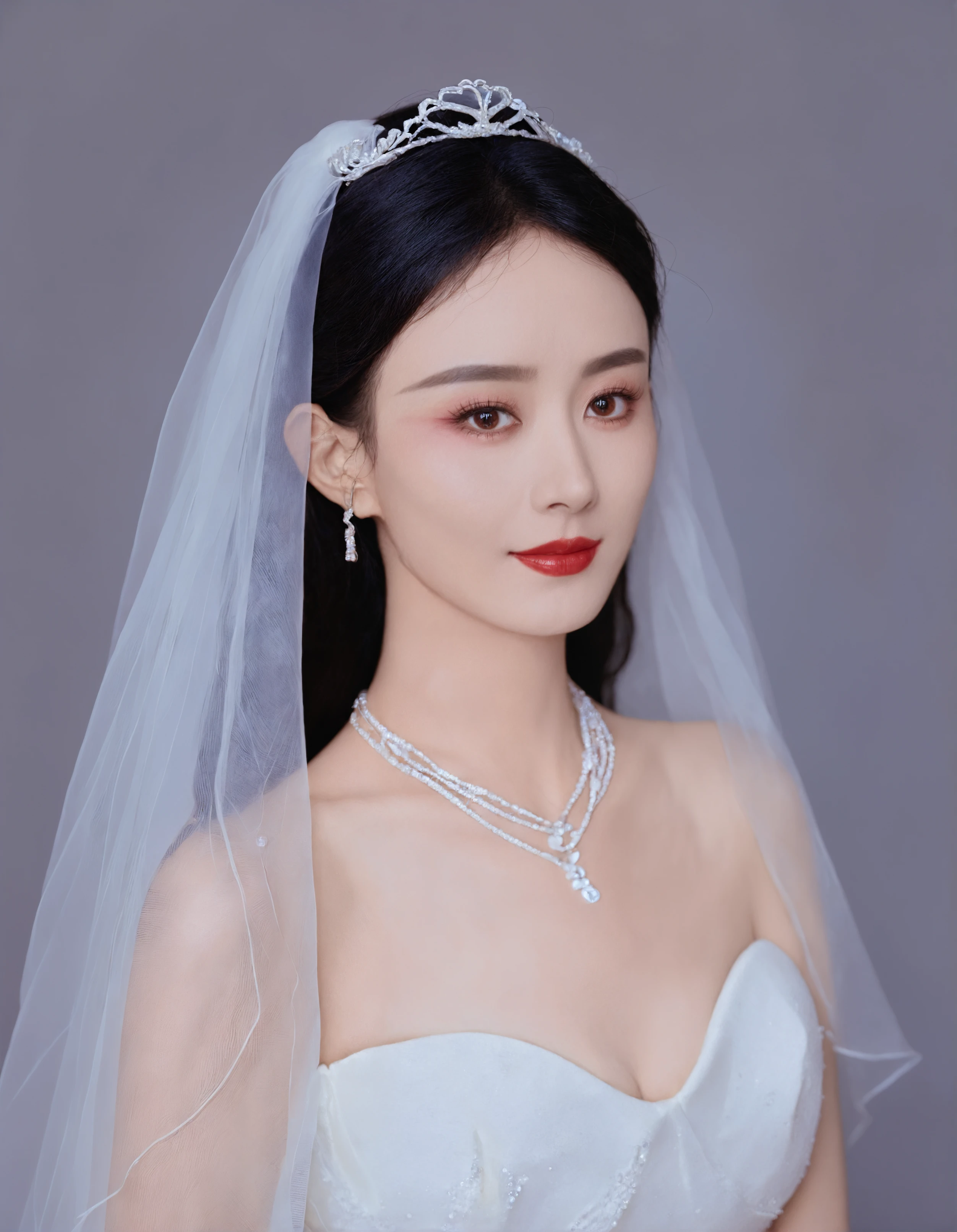 score_9,score_8_up,ZHAOLIYING,Portrait photo,breast,looking at viewer,the image depicts a young woman with a fair complexion,Her expression is warm and gentle,She has an elegant and refined appearance,She has long, straight hair, with a few loose strands framing her face, She wearing a wedding dress,jewelry,necklace,complemented by a subtle, natural makeup look that enhances her features,simple background, adding a touch of elegance to her look,simple background,while her posture looks dignified and elegant