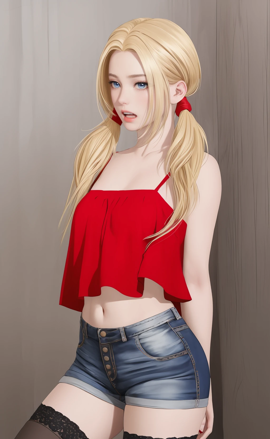 masterpiece,8k high quality detailed,highres,anime,<lora:velvia:0.6>,(solo:1.2),style \(photograph\),
<lora:AI_Girl_006:0.65>,1girl,blonde hair,long hair,twintails,low twintails,lips,blue eyes,medium breasts,camisole,red comisole,crop top,midriff,denim,shorts,denim shorts,thighhighs,lace-trimmed legwear,black thighhighs,red footwear,high heels,detailed_face,(Fearful, Wide-open eyes, a furrowed brow, and a slightly open mouth.),(Looking over the shoulder),
<lora:more_details:0.4>,realistic clothing texture,realistic_skin_texture,