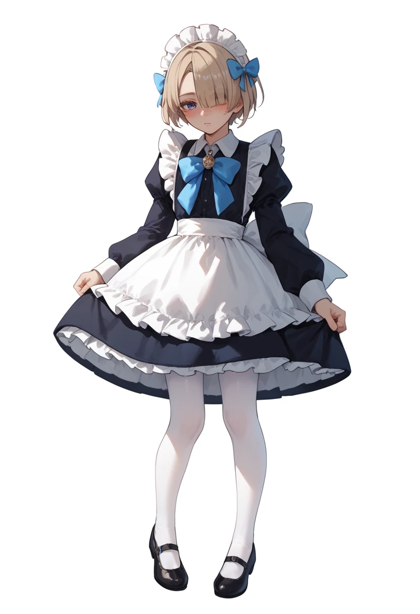 score_9, score_8_up, score_7_up, score_6_up, score_5_up, score_4_up, 

freminet, solo, maid headdress, maid, hair over one eye, apron, white background, full body, bow, long sleeves, dress, white pantyhose, male focus, simple background, puffy sleeves, 1boy, pantyhose, blush, maid apron, blue bow, shoes, crossdressing