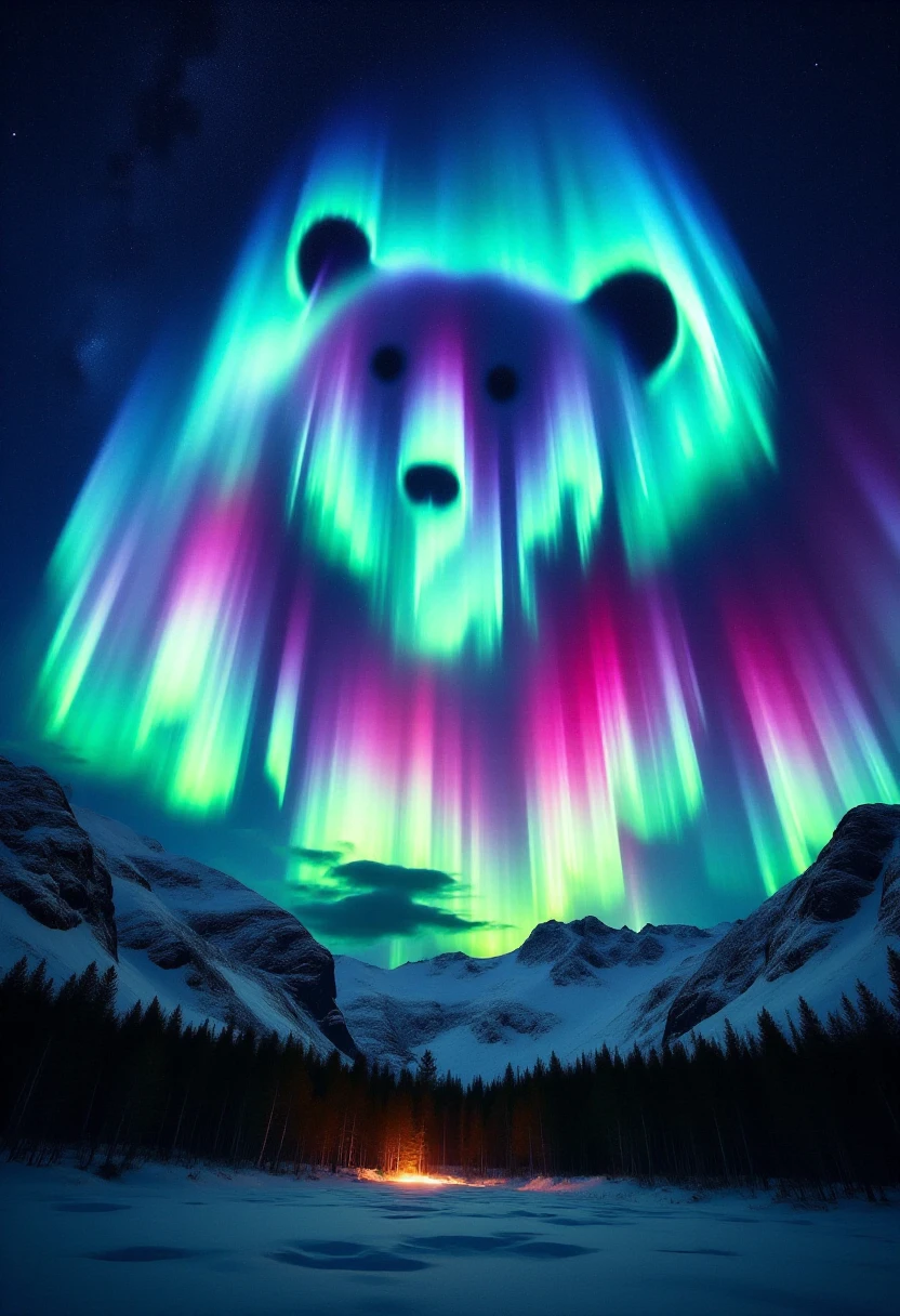 <lora:Aurora_BorealiStyler_FLUX-000018:0.9>
This is a digital artwork showcasing a breathtaking aurora borealis display in a nighttime landscape. The central subject is a majestic bear, stylized in glowing, ethereal colors, dominating the upper part of the image. The bear's face, rendered in vibrant hues of green, blue, and pink, appears to be formed by the swirling aurora lights. The aurora's colors transition smoothly from cool blue and green at the top to warm pink and purple at the bottom, creating a gradient effect that mimics the natural aurora phenomenon.