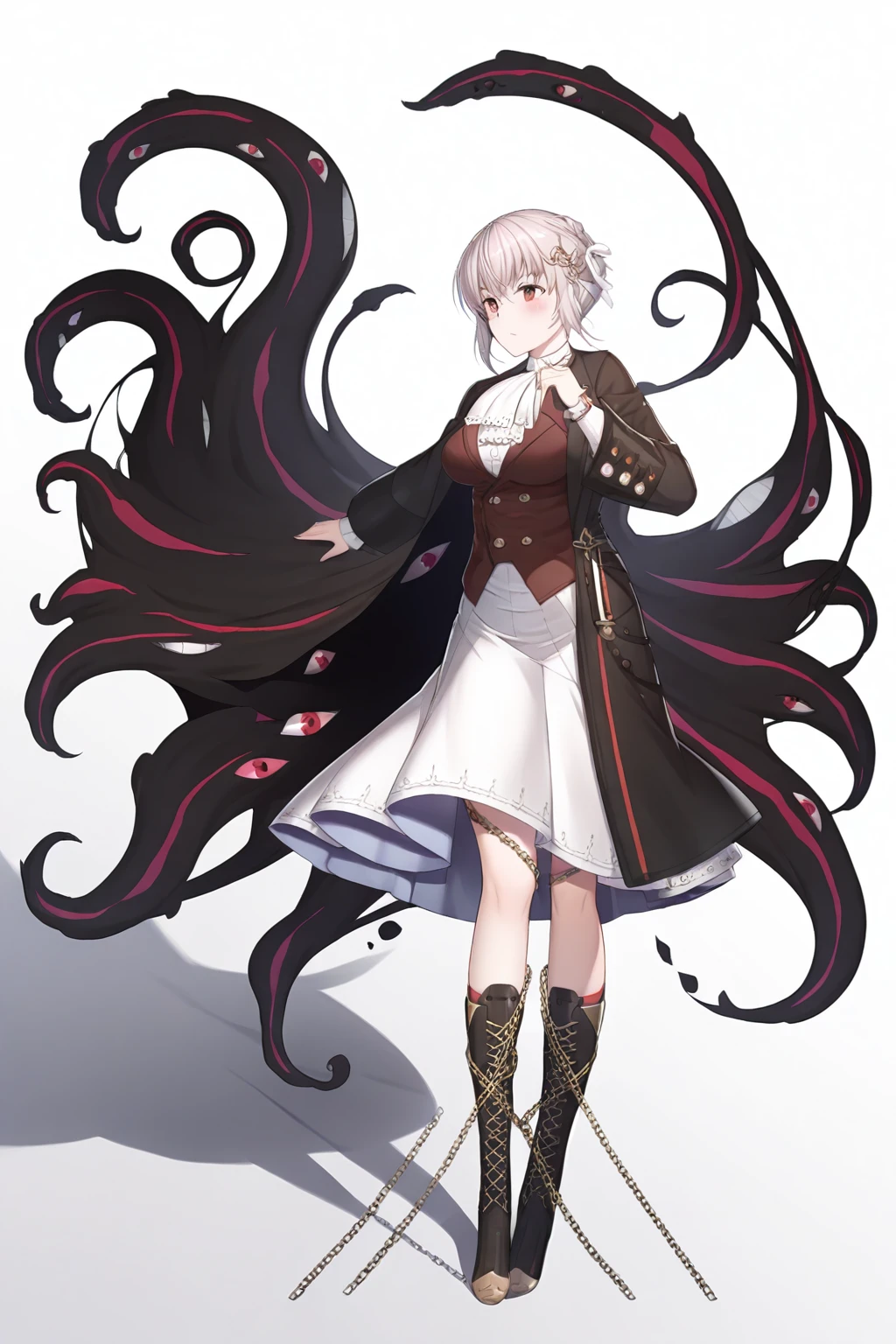 edel_meitner, 1girl, boots, solo, chain, white background, skirt, white skirt, long sleeves, black footwear, white ascot, full body, knee boots, tentacles, ascot, short hair, simple background, vest, hair ornament, red eyes, cross-laced footwear, bangs, jacket, shirt, defaultoutfit
<lora:EdelMeitnerIllustriousXL:1>, (masterpiece),(best quality),(ultra-detailed),(best illustration),(best shadow),(absurdres),(detailed background),(very aesthetic),