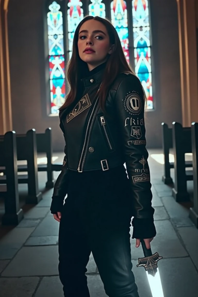 A fierce young female vampire slayer wearing a sleek leather jacket adorned with intricate silver embroidery and protective runes, paired with black combat boots and fingerless gloves. She holds a glowing silver dagger in one hand, its light casting eerie shadows. The scene is a dimly lit gothic cathedral with moonlight streaming through shattered stained-glass windows, creating a kaleidoscope of colors on the ancient stone floor. The perspective is low-angle, emphasizing her strength, with a Canon EOS R5 capturing the cinematic drama of the setting.,danirus