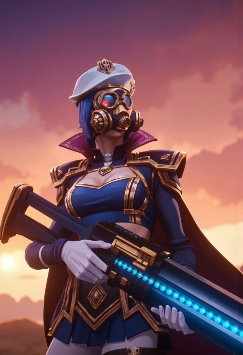 MYLF teardrop breasts , A stunning close-up of Commander Caitlyn in her iconic uniform, featuring a white hat tilted slightly forward and gas mask. She holds a futuristic rifle glowing with blue energy, her white gloves gripping the weapon tightly. Her cape flows dramatically in the wind, with a vivid sunset sky in the background. Her determined gaze and the glow of her weapon illuminate her striking outfit, including her tailored skirt and polished boots. arc4n3style