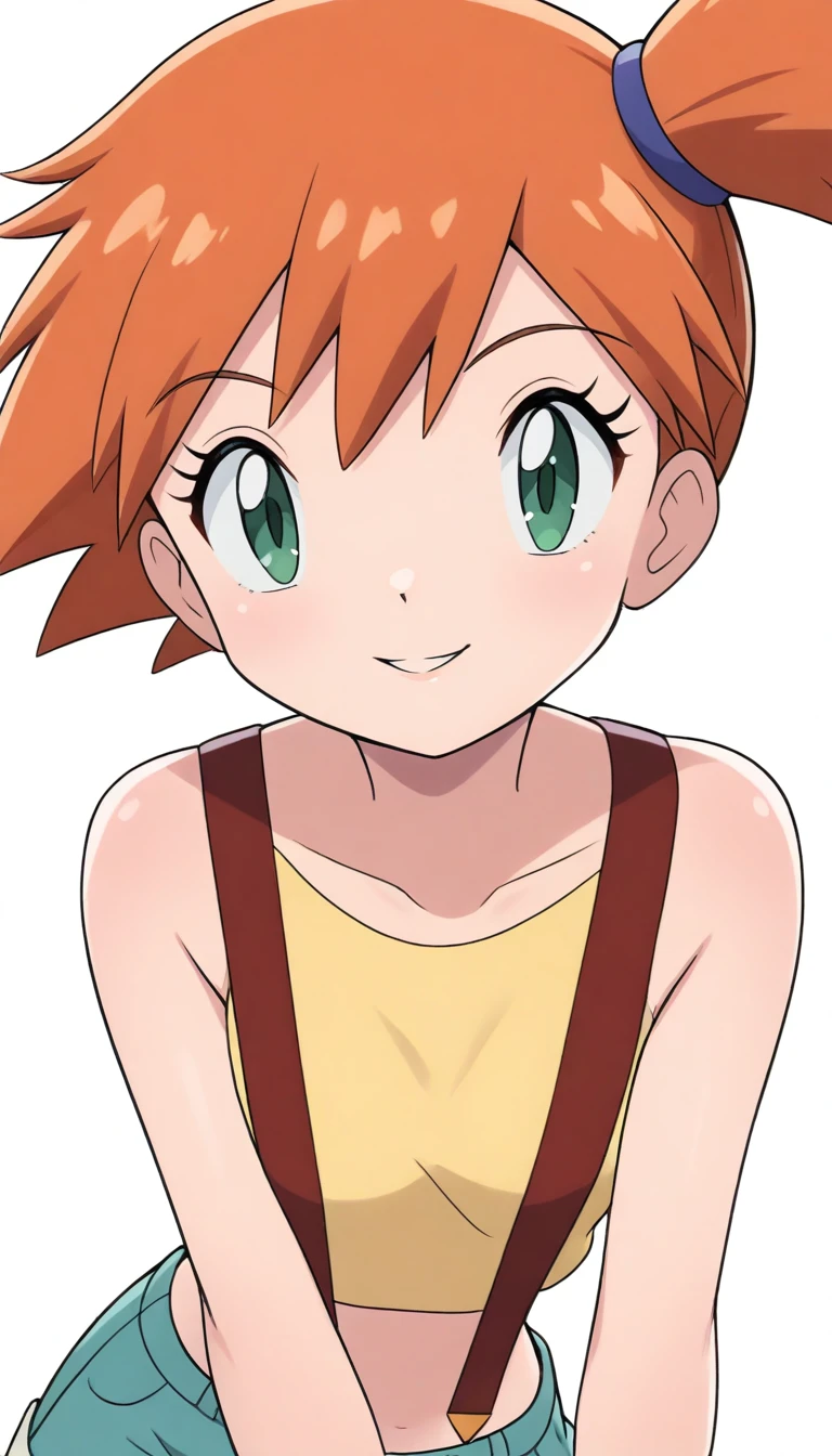best quality, masterpiece, mistykasumi1x, cropshorts, smile, white background <lora:Misty_Illustrious:1>