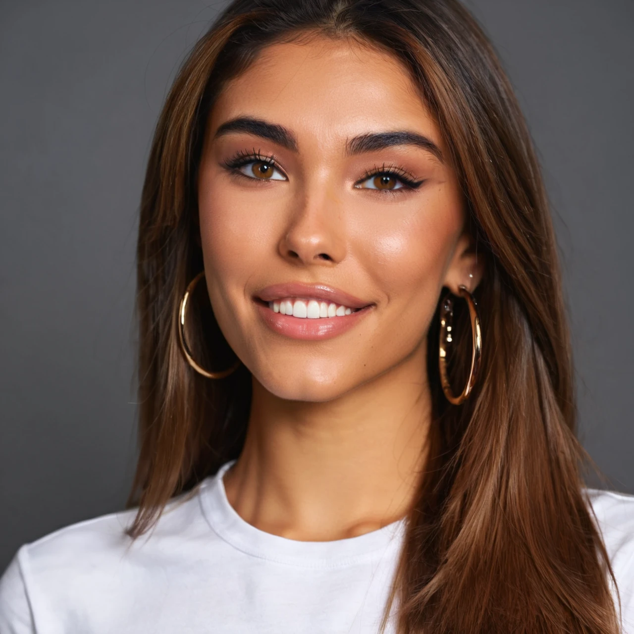 score_9, score_8_up, score_7_up, a high-resolution close-up upper body photograph of mad1b2024, hoop earrings, brown hair, lips, tanned skin, looking at viewer, t-shirt, smirk, photo \(medium\)