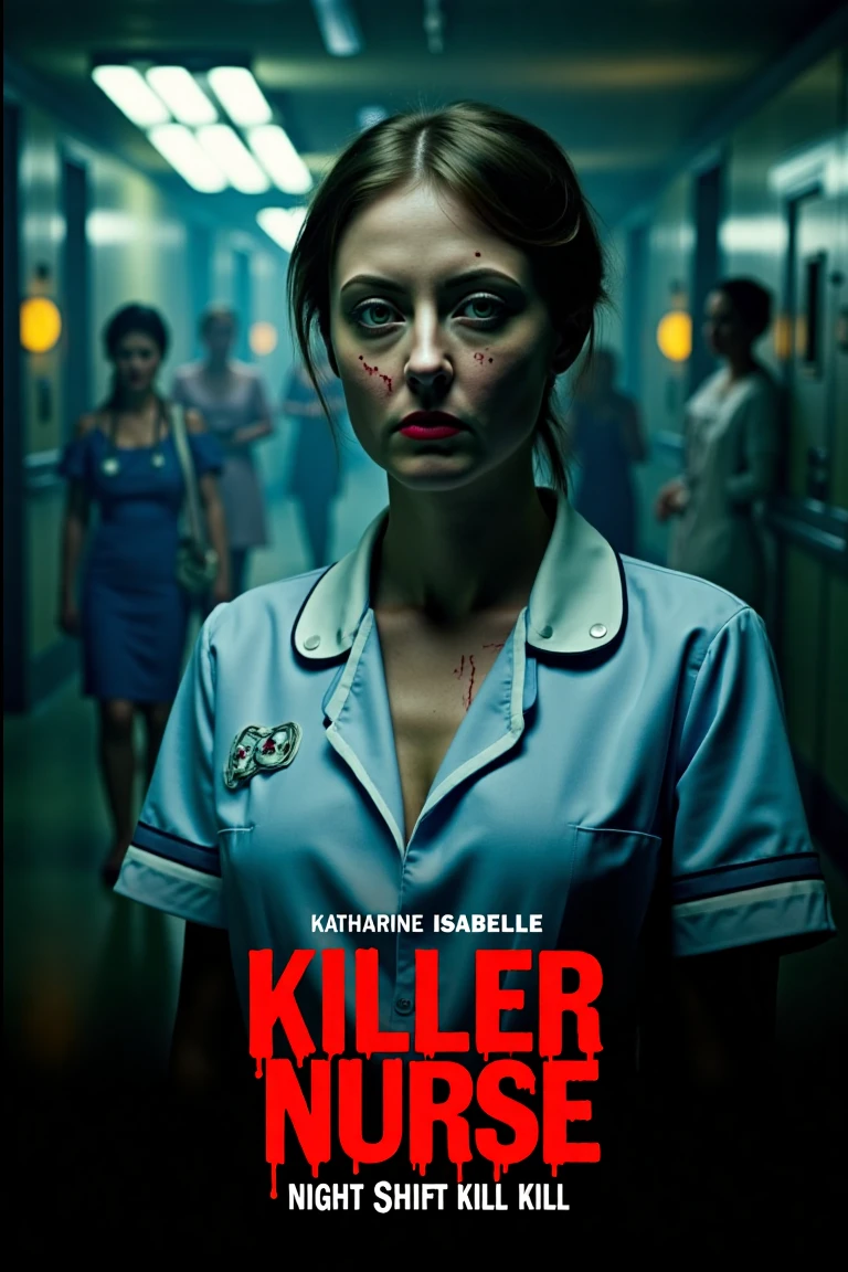 A chilling poster featuring Katharine Isabelle as a sinister nurse in a vintage uniform splattered with fresh blood. Her bright red lipstick contrasts with her malevolent grin, gleaming under cold fluorescent hospital lights. Behind her, shadowy figures of patients with hollowed eyes loom in the dimly lit hospital corridor. The title "Killer Nurse: Night Shift Kill Kill" is written in dripping, blood-red font at the bottom, while the tagline reads: "The night shift is deadly." The perspective features a Dutch angle, enhancing the eerie atmosphere, with flickering light effects giving the scene a sense of dread..,kathaisa,katisa,kaisa