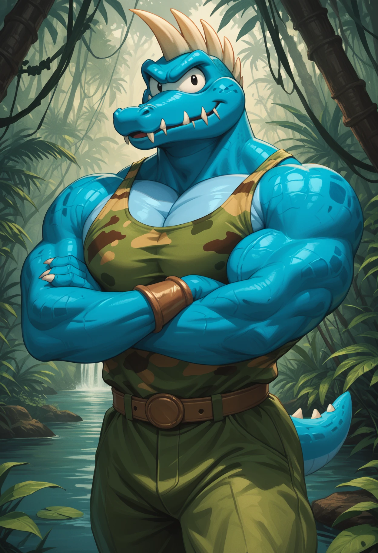 zPDXL3, score_9, score_8_up, score_7_up, detailed face, detailed body, detailed background, perfect anatomy, masterpiece, high quality, best quality, outside, jungle, blury background BREAK portrait, three-quarter portrait, krusha, spiky teeth, anthro, reptile, crocodile, black eyes, blue skin, muscular, big pecs, broad shoulders, thick thighs, military tanktop, crossed arms, 4 fingers, looking at viewer <lora:Krusha_DonkeyKong_V1:1>