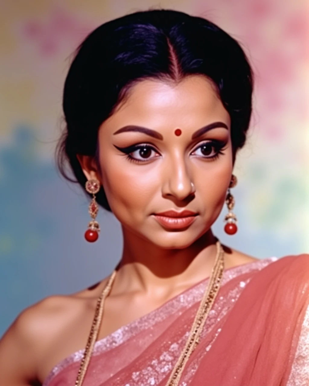 headshot photo of Sharmila Tagore woman,candid photo with natural colors, serious expression on face,studio quality, wearing intricate conservative sleeveless Rose Indo-Western Gown, curls, pastel shaded multicolored background, cinematic soft lighting<lora:TestBed\Sharmila_Tagore_2024_Flux_Kohya_LoRA_v1-000004.safetensors:0.8:0.8>