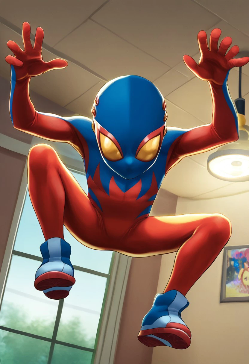 Masterpiece, cute boy, 1boy, solo, Spider-Boy Costume, Sneakers, mask, crawling on ceiling