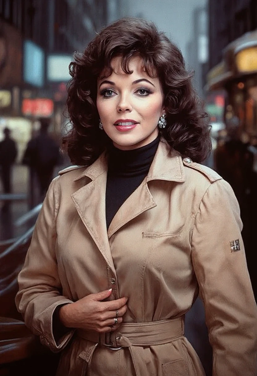 cinematic film still, A portrait of a woman in trench coat smiling to camera in a scene from a detective movie in the 1980's kodak film print, shallow depth of field, vignette, highly detailed, high budget, bokeh, cinemascope, moody, epic, gorgeous, film grain, grainyl.