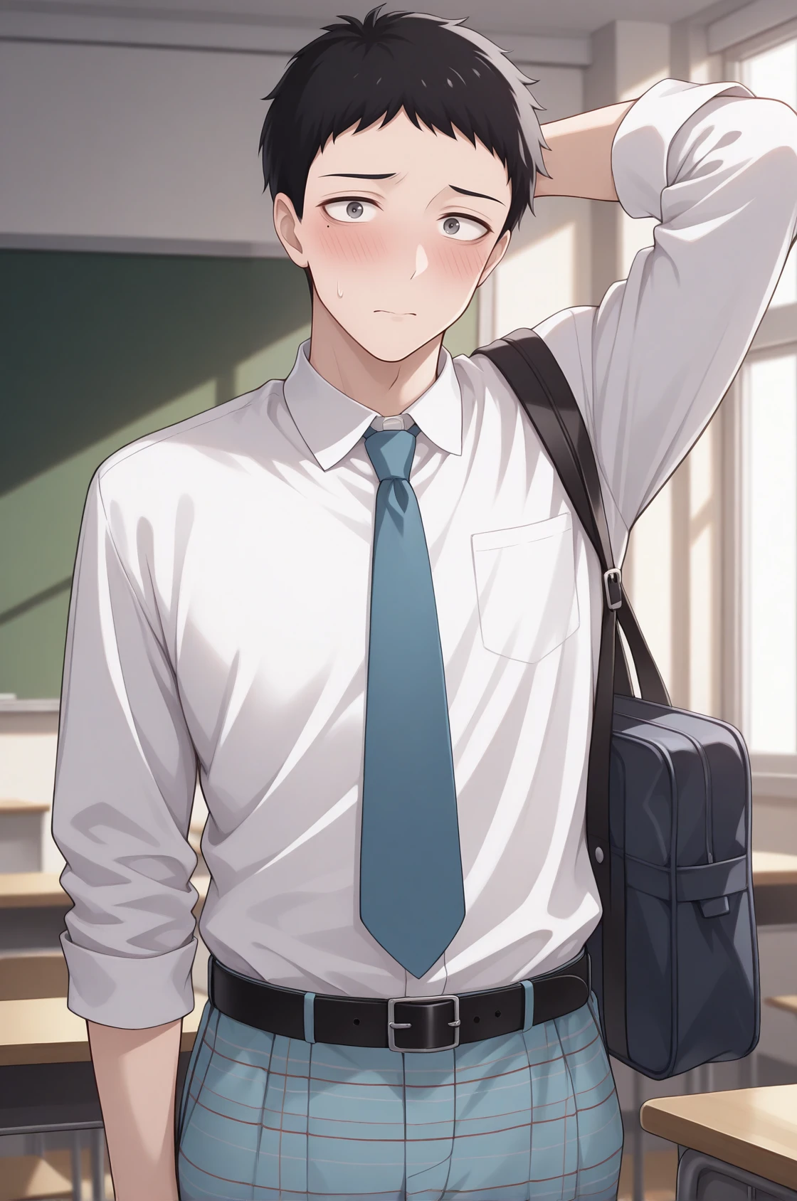 masterpiece, best quality, cowboy shot, looking at viewer, embarrassed, 1boy, g0j0, black hair, short hair, grey eyes, white collared shirt, blue necktie, black belt, plaid pants, school bag, arm at side, arm behind head, indoors, classroom, <lora:Hoseki_MyDressUpDarling_WakanaGojo_IllustriousXL_v1:1>