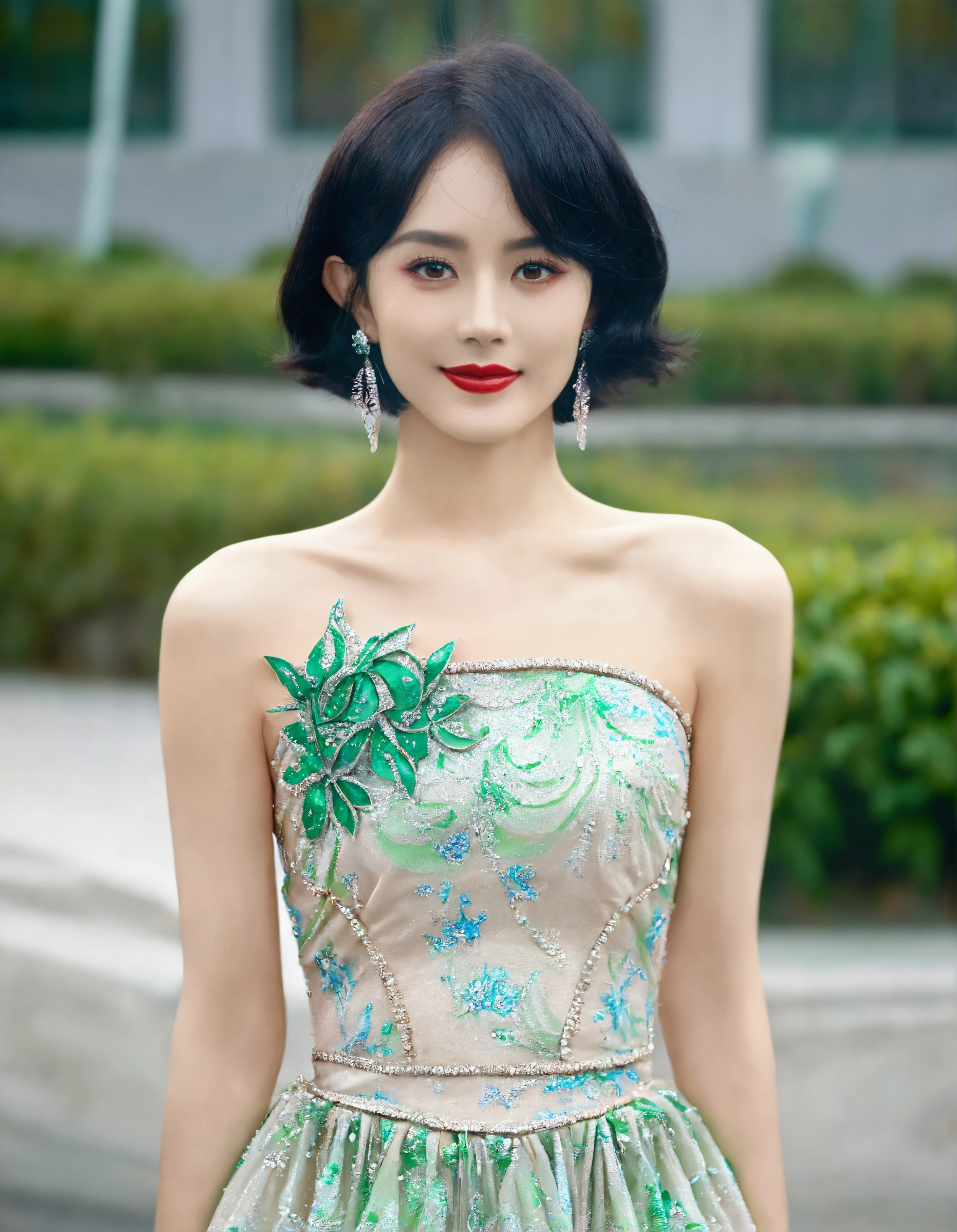 score_8_up,ZHAOLIYING, medium shot, the image depicts a young woman with a fair complexion,short black hair styled neatly into a sleek bob,from front, looking at viewer,wearing a strapless dress adorned with intricate floral patterns in shimmering green and silver embellishments,Her makeup is refined, featuring bold red lips and subtle eye makeup that enhances her gaze. She is accessorized with dangling earrings, adding a touch of luxury, adding a touch of elegance to her look,The background appears blurred, indicating an outdoor setting with a natural or urban environment,while her posture looks dignified and elegant