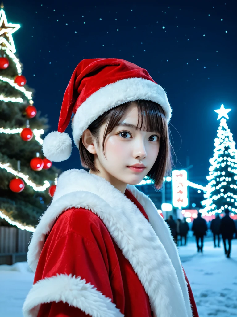 score_9,score_8_up,score_7_up,source_photo,
realistic,photo,(sharp focus),(backlit photo:1.4),dramatic shadows,raw lighting,dynamic angle,upper_body,
BREAK
Japanese beautiful girl,
black eyes,
shortcut,asymmetrical hair,
(red santa hat with white fluffy fur:1.2),
outdoor,night,night_sky,neon lights in the city,illumination,christmas_tree,snow,