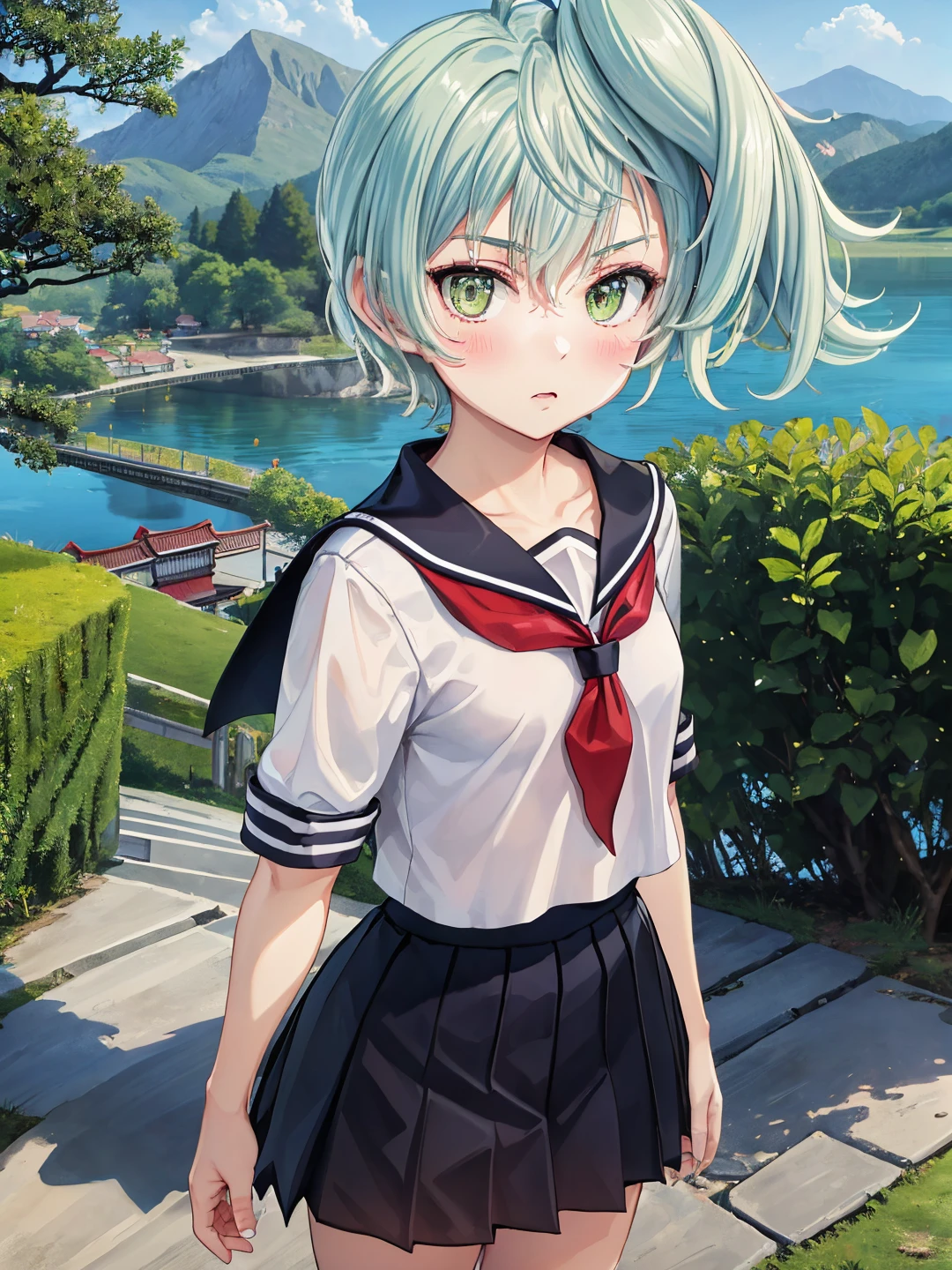 <lora:Kobayakawa_Takakage_ONnY_0R:0.7>
kobayakawatakakage, green hair, short hair, side ponytail, green eyes
serafuku, school uniform, sailor collar, white shirt, red neckerchief, black skirt
masterpiece, best quality, ultra-detailed, detailed, detailed skin, absurdres, 8k, digital art
1girl, solo, facing viewer, standing, looking at viewer, standing, cowboy shot, blush
(outdoors, feudal japan, village, rural, lake, mountain, bonsai, castle, tree, grass, bush, road, stone floor)