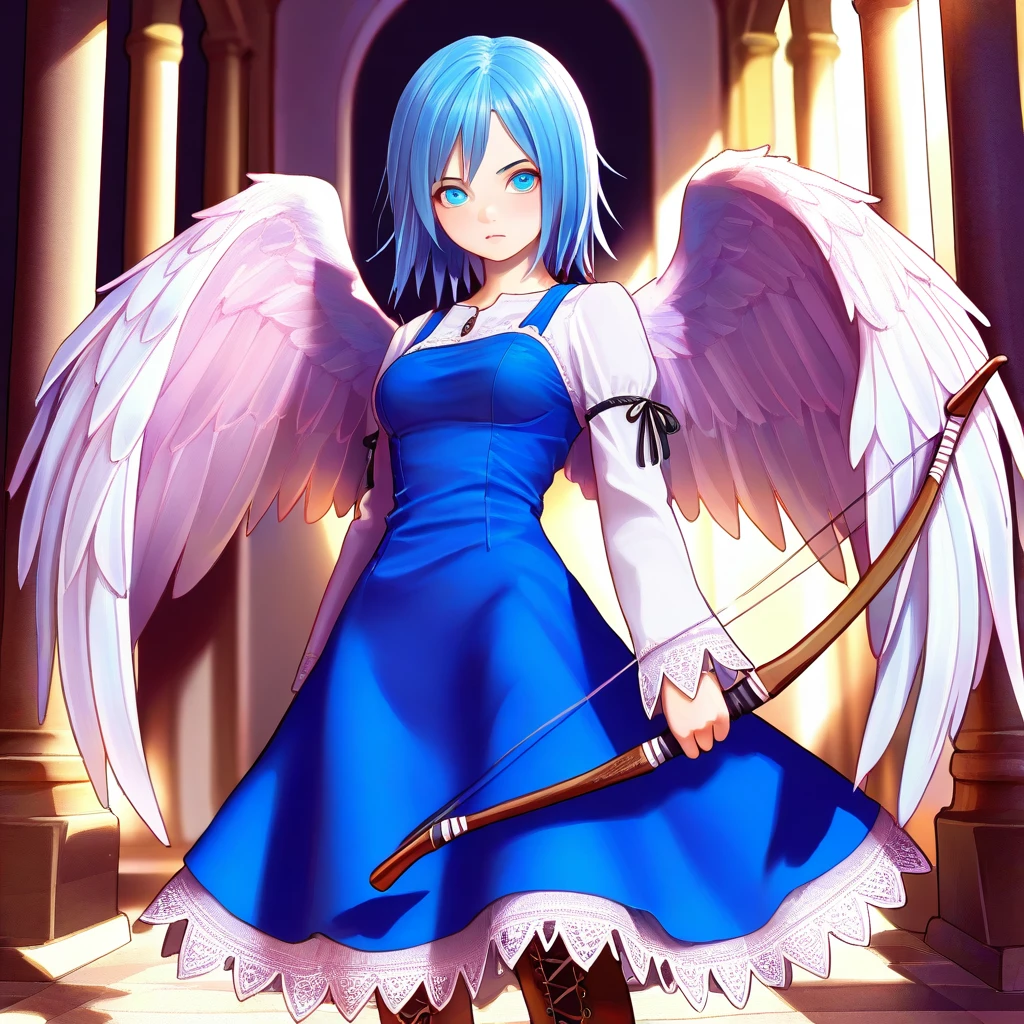 <lora:VeneAnsbach:0.8>,vene,short hair,blue hair,blue eyes,dress,long sleeves,,blue dress,shirt,white shirt,boots,wings,angel wings, weapon,bow(bow \(weapon\),, masterpiece, best quality, amazing quality, newest