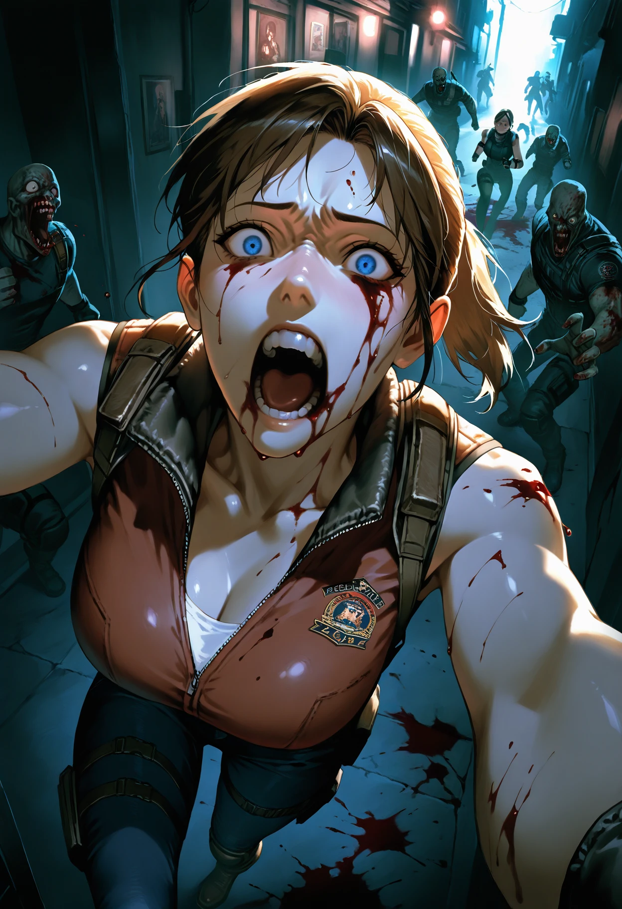 an anime 1girl crawling in a body-fit pipeline tunnel, dirty and torn clothes, head view, big busty, body on the ground, lying down the ground, terrifying expression, widen eyes, open mouth, shouting, tentacles wrapped around her body (blood:0.8), dark red background