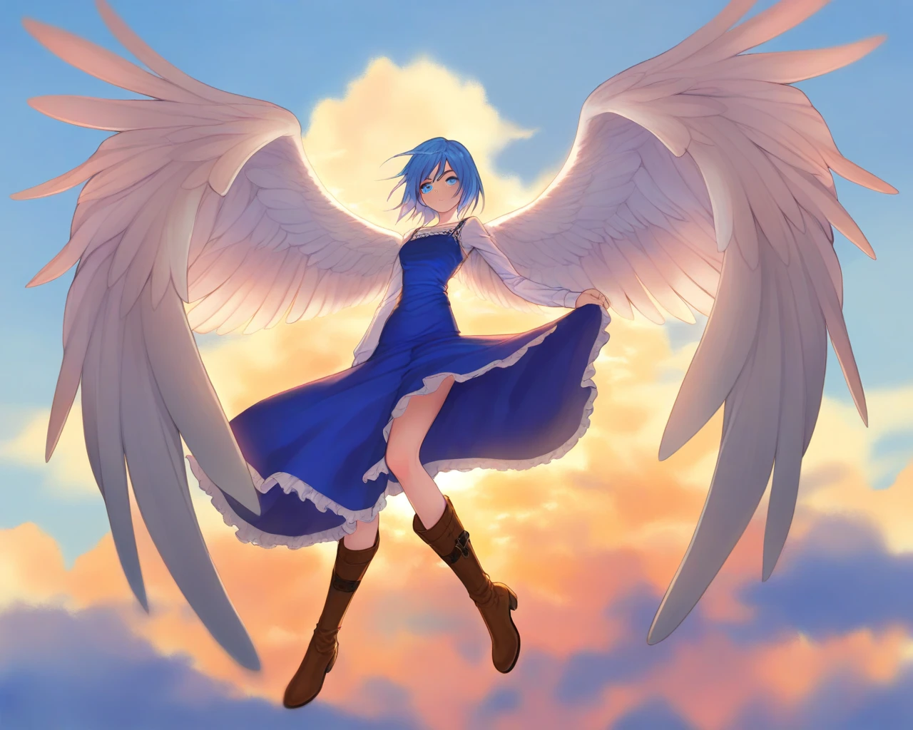 <lora:VeneAnsbach:0.8>,vene,short hair,blue hair,blue eyes,dress,long sleeves,,blue dress,shirt,white shirt,boots,wings,angel wings,sky, masterpiece, best quality, amazing quality, newest