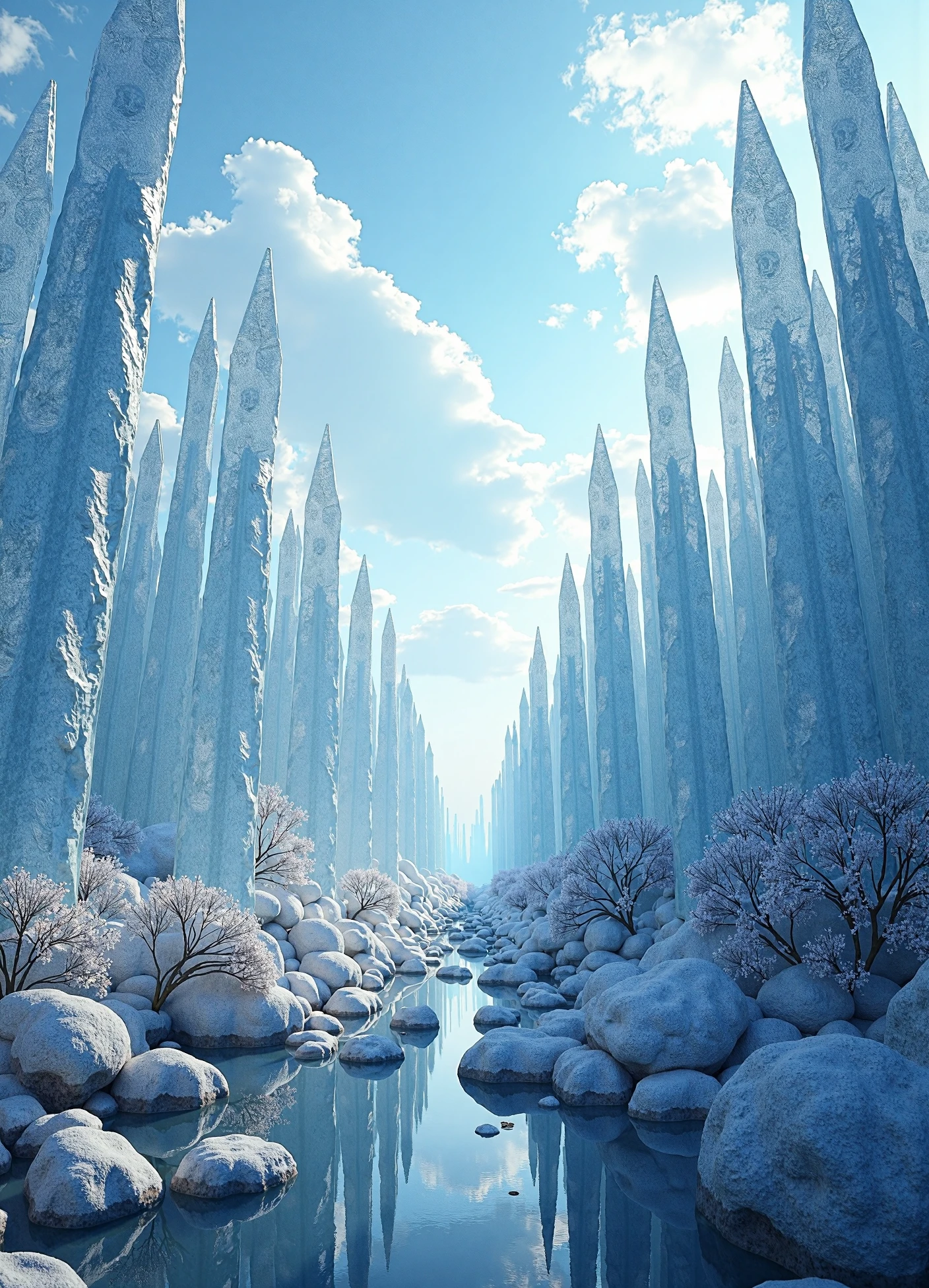 A crystal forest stretches out to the horizon, its transparent crystal trees rising towards the sky like columns of light. 