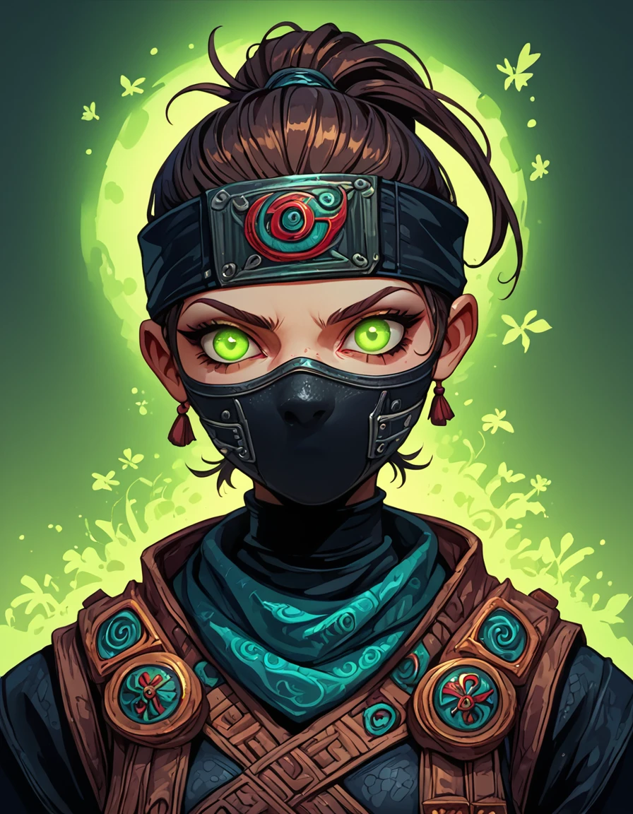 Score_9, Score_8, Score_7, CartoonDetailer, 1woman, ninja with a black mask that has golden designs on it, eyes glowing green, close up portrait  <lora:CartoonDetailerV1:0.7>