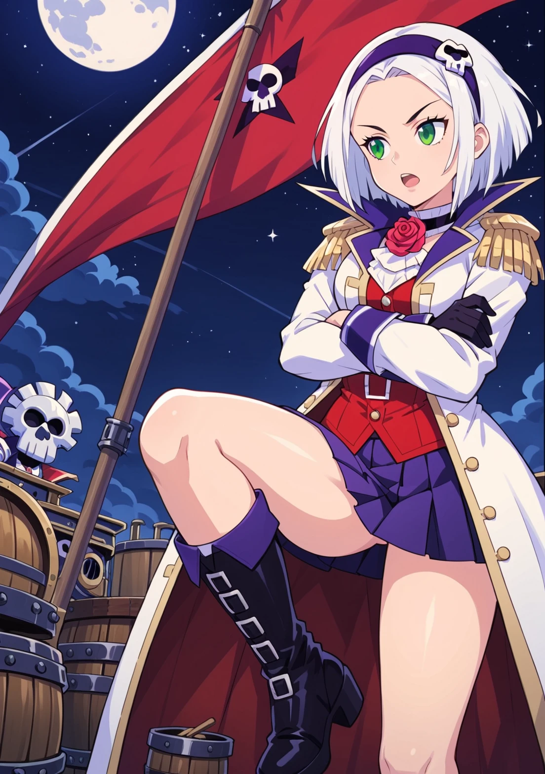 score_9, score_8_up, score_7_up, source_anime BREAK, 1girl, solo, captainrosepony, white hair, short hair, green eyes, white coat, rose, cravat, epaulettes, dark purple hairband, bare forehead, pulled back hair,  skulls and crossbones, red shirt, waist belt, arms crossed, looking afar, pleated skirt, miniskirt, open mouth, black gloves, large hips, dyanmic posing, posing, knee up,  legs apart, standing, knee boots, boot buckle, black footwear, foot on cannon, barrel, airship, mast, pirate flag, black flag,  jolly roger, steampunk, cannon, gold exterior, rich, clouds, night, starry sky, moon, windows,   <lora:CaptainRoseZackWiki:1>