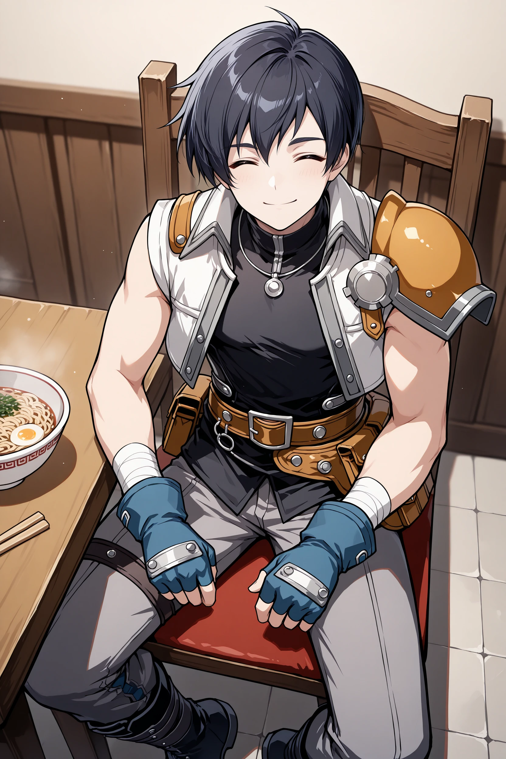 masterpiece, best quality, 1boy, male focus, solo  <lora:joshuabright-illu-nvwls-v1-000006:1> zJsha, black hair, short hair,  black shirt, turtleneck, sleeveless, necklace, white vest, single shoulder pad, brown belt, belt pouch, blue gloves, fingerless gloves, grey pants, black boots, sitting, table, chair, bowl of noodles, looking at viewer, smile, closed eyes, happy, from side