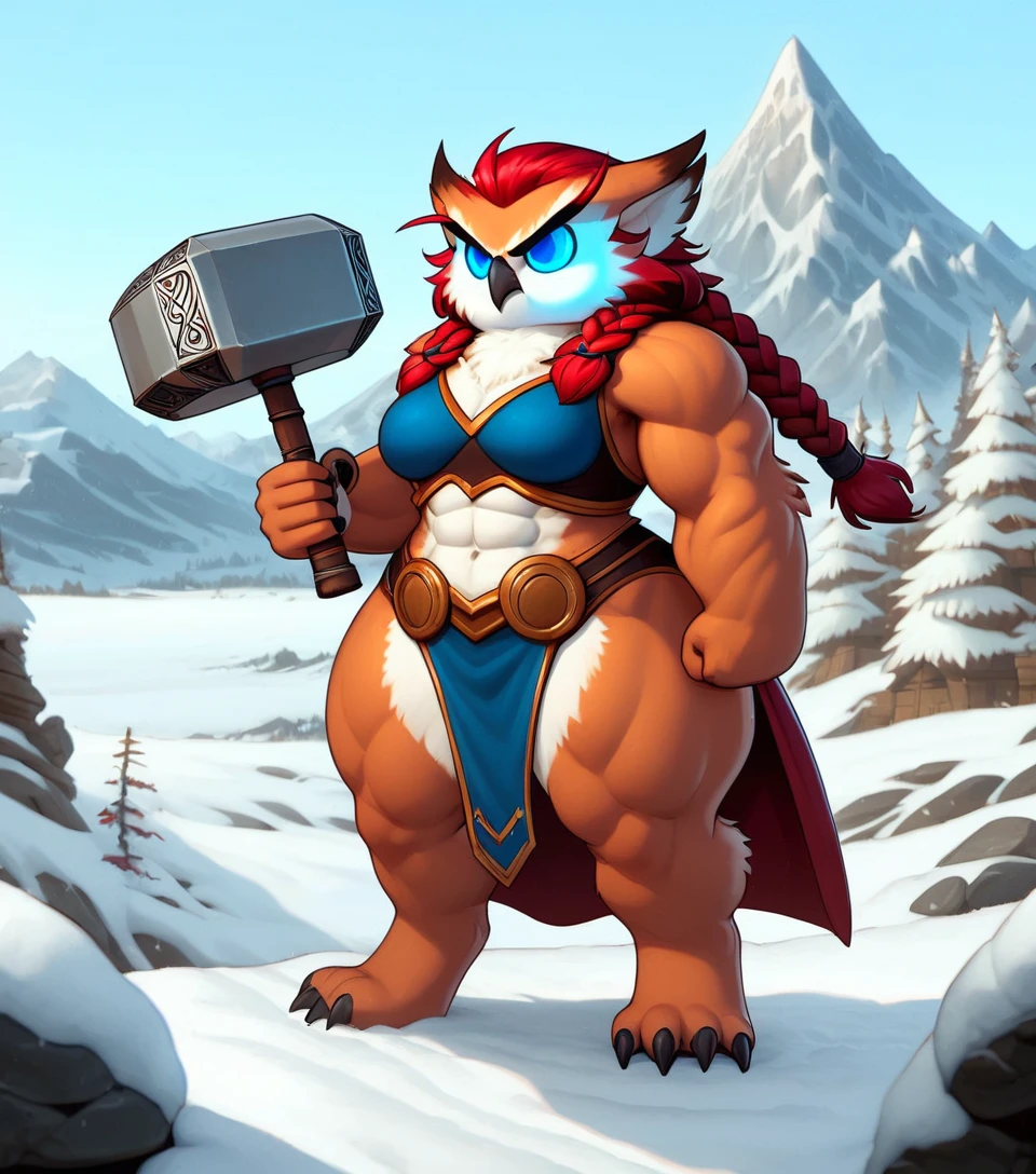 Ponyscores7, expressiveh, perfect face, perfect eyes, detailed face, detailed eyes, female owlbear, anthro owlbear, white federpelz, black beak, blue eyes, outdoor, thor outfit, holding hammer, mountains, snow, winter, standing, angry, thick eyebrow, red hair, braid hair, long hair, sideview, glowing eyes, white electric aura, thunder strikes in background, full body, muscular female, thick thighs, wide hips, medium breasts, abs