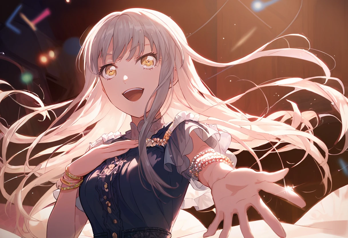 score_9, score_8_up. score_7_up, 1girl,<lora:yukina:1> YUK!N4, long hair, bangs, grey hair, yellow eyes, stage, singing, hand on own chest, outstretched arm, outstretched hand, bracelet,