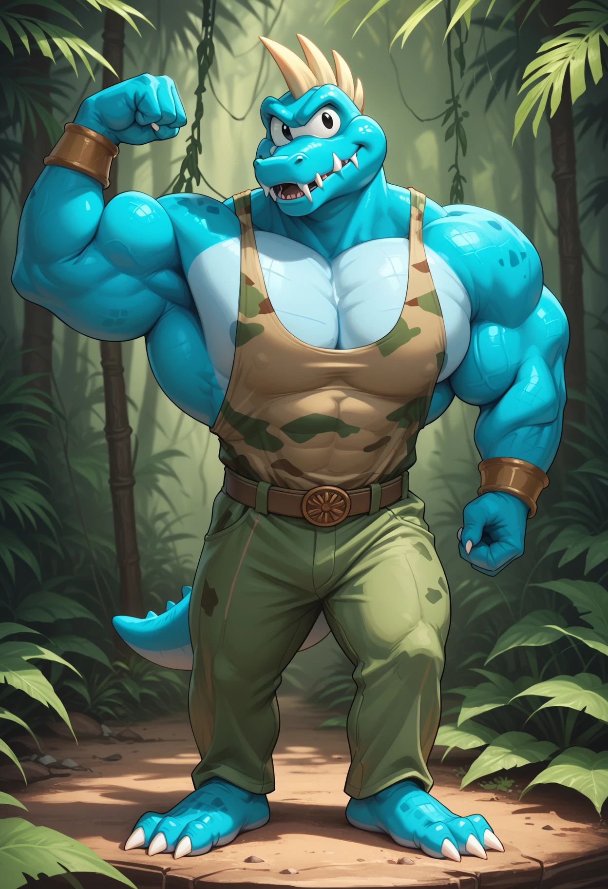 zPDXL3, score_9, score_8_up, score_7_up, detailed face, detailed body, detailed background, perfect anatomy, masterpiece, high quality, best quality, outside, jungle, blury background BREAK portrait, full-length portrait, krusha, spiky teeth, anthro, reptile, crocodile, black eyes, blue skin, muscular, big pecs, broad shoulders, thick thighs, military tanktop, flexing, seductive, 4 fingers, looking at viewer <lora:Krusha_DonkeyKong_V1:1>