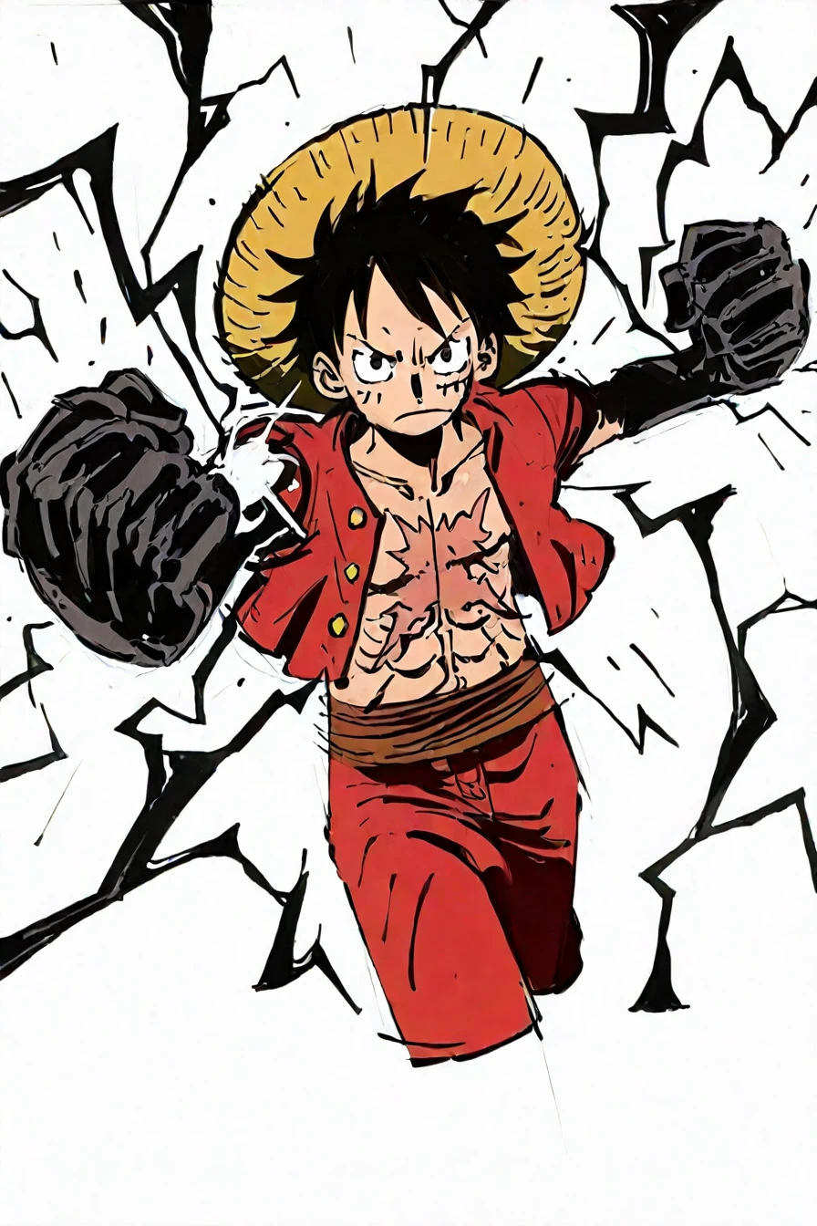 <lora:LUFFY_pony_XL:0.6>, (Luffy:0.8), red jacket, scar on chest, straw hat, black hair, 1boy, solo, alone, <lora:comic_drawing_style_illustriousXL:1>, comic_drawing_style, incoming punch, punch, (black arm, black hand:1.5), black lightning, masterpiece, highres, white background