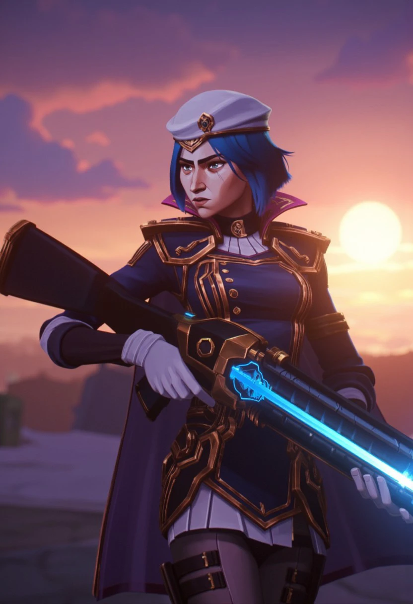 A stunning close-up of Commander Caitlyn in her iconic uniform, featuring a white hat tilted slightly forward, short blue hair tucked neatly beneath it. She holds a futuristic rifle glowing with blue energy, her white gloves gripping the weapon tightly. Her cape flows dramatically in the wind, with a vivid sunset sky in the background. Her determined gaze and the glow of her weapon illuminate her striking outfit, including her tailored skirt and polished boots. arc4n3style