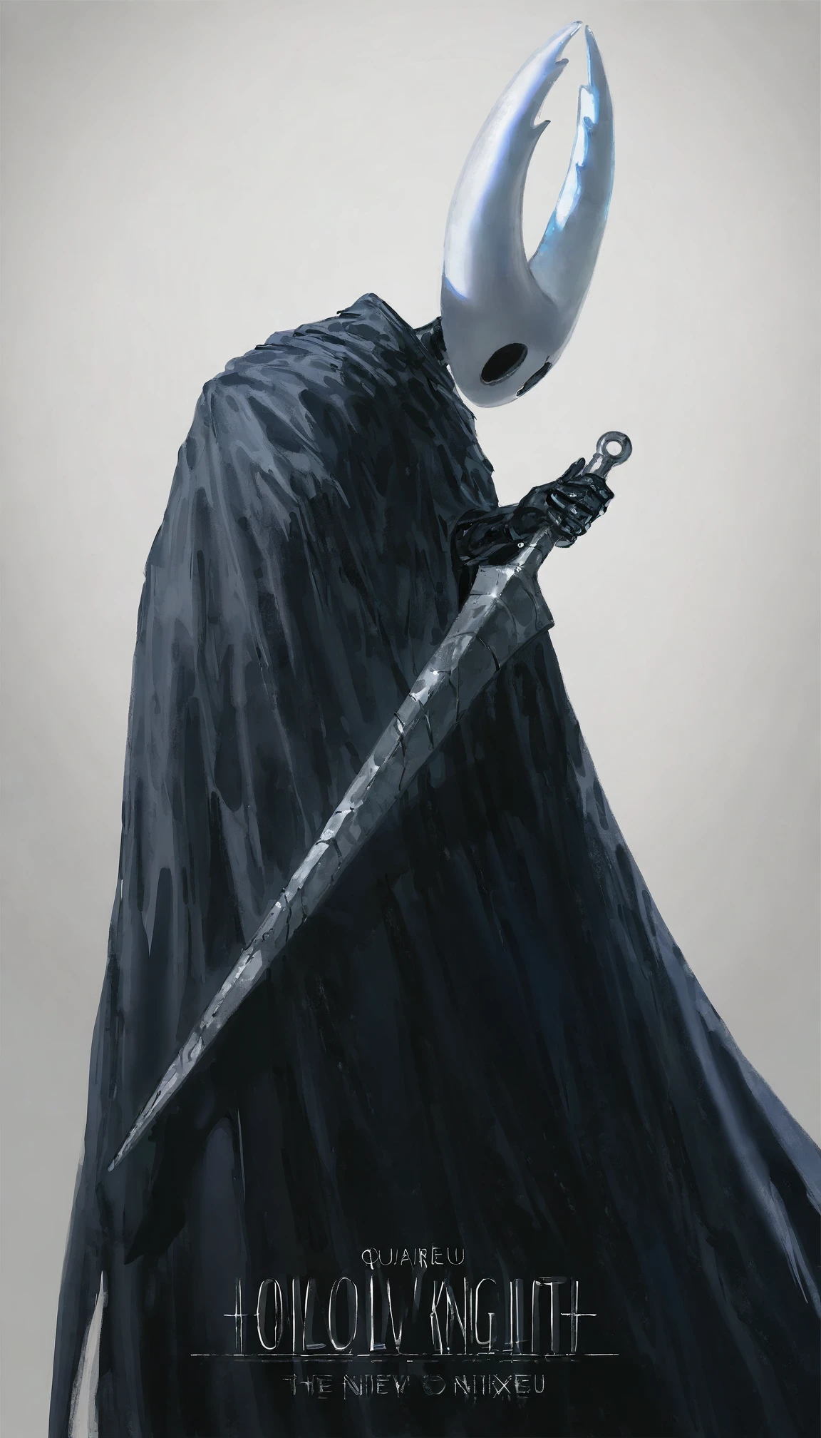 masterpiece,best quality,artist:john_kafka,artist:nixeu,artist:quasarcake, ,gritty,
knight \(hollow knight\)，hollow knight，
1other, black cape, cape, copyright name, grey background, holding, holding sword, holding weapon, hollow eyes, horns, other focus, simple background, solo, sword, weapon