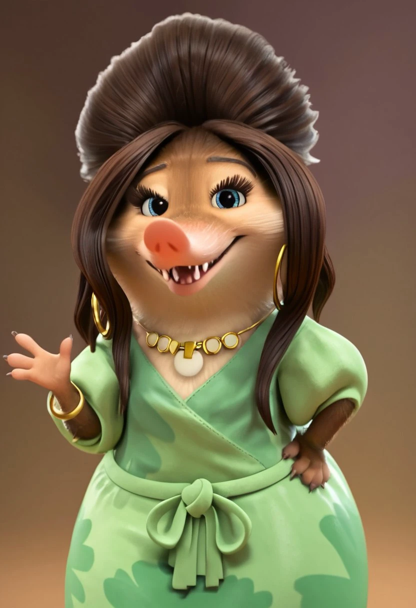 frufru_z+casual, furry, anthro, female arctic shrew, brown pouf hair, tan golden-brown fur, long pink nose, big eyelashes, light blue eyes, golden-brown hands (four fingers), short claws, brown-gray feet, brown tail, mint green dress (dark green clover patterns), green ribbon around the waist, golden earrings (big golden hoop rings), gold bracelet on right arm, golden necklace with ornaments, score_8_up, score_7_up, BREAK, 1girl, solo, looking at viewer, smiling, waving at viewer, one hand on hips, contrapposto, female focus, looking at viewer, detailed background, 4k, masterpiece, best quality, highly detailed, realistic, 3d, full shot