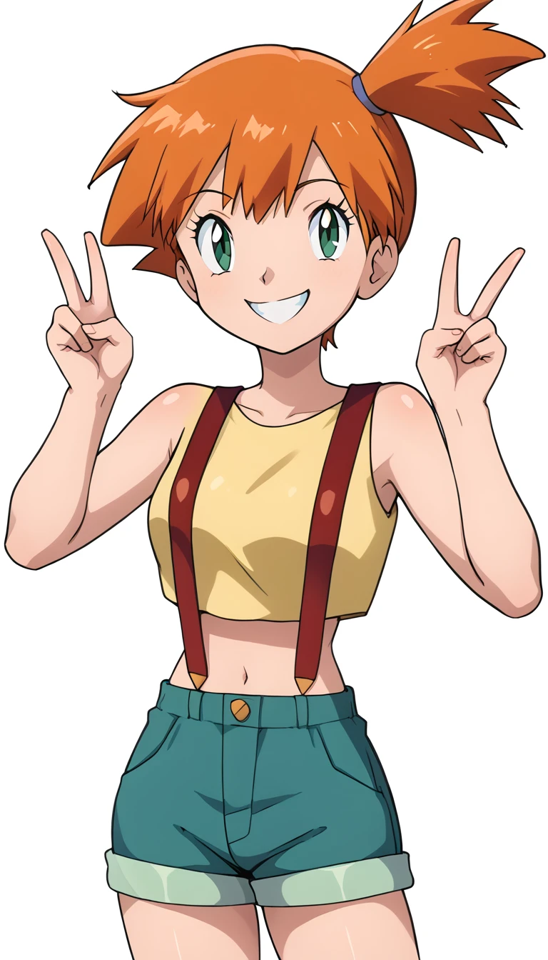 mistykasumi1x, cropshorts, smile, double v, white background <lora:Misty_Pony:1>
