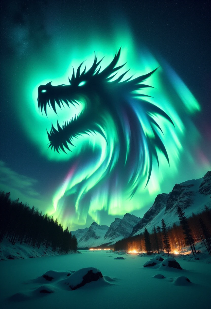 <lora:Aurora_BorealiStyler_FLUX-000018:0.8>
The image is a digital artwork featuring a surreal, abstract representation of a dragon-like creature set against a backdrop of the Northern Lights, or Aurora Borealis.