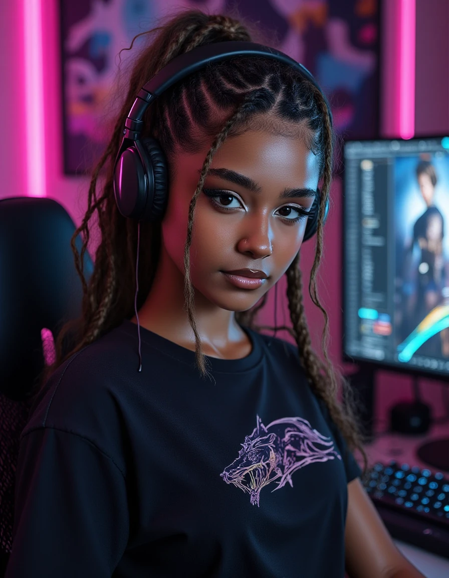 <lora:tyla-v2:1.4> amazingly detailed, masterpiece, ultra hd, full body, dynamic angle, beautiful girl ,biracial female with medium cornrow hair pulled back computer gamer, gaming computer, gaming chair, playing cyberpunk 2077, neon bedroom, streamer setup,  cyberpunk theme, wild long hair, brown , high detail hair, smokey eye shadow, high detail skin, high detail eyes, seductive eyes, smokey makeup, slender body, toned body, perfect face, slim athletic body, (perky small breasts:1.9) , (cold attitude, eyeshadow, eyeliner:1. 6) (Vintage  Art Game Style T-Shirt) , vibrant colors, beautiful, dramatic lighting, shallow depth of field, Ultra-realistic, beautiful lighting