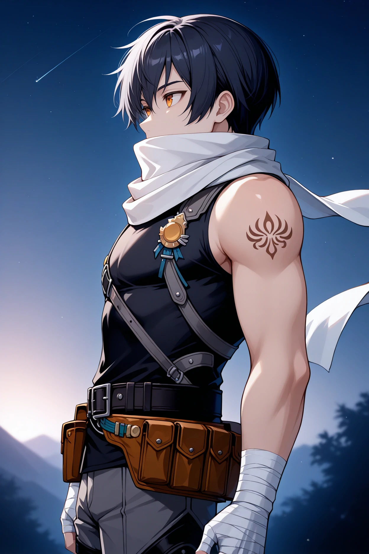 masterpiece, best quality, 1boy, male focus, solo <lora:joshuabright-illu-nvwls-v1-000006:1> scJsha, black hair, short hair, amber eyes, shoulder tattoo, white scarf, sleeveless shirt, black shirt, badge, black straps, black belt, belt pouch, grey pants, bandaged hands, covered mouth, from side, night sky, looking up, expressionless