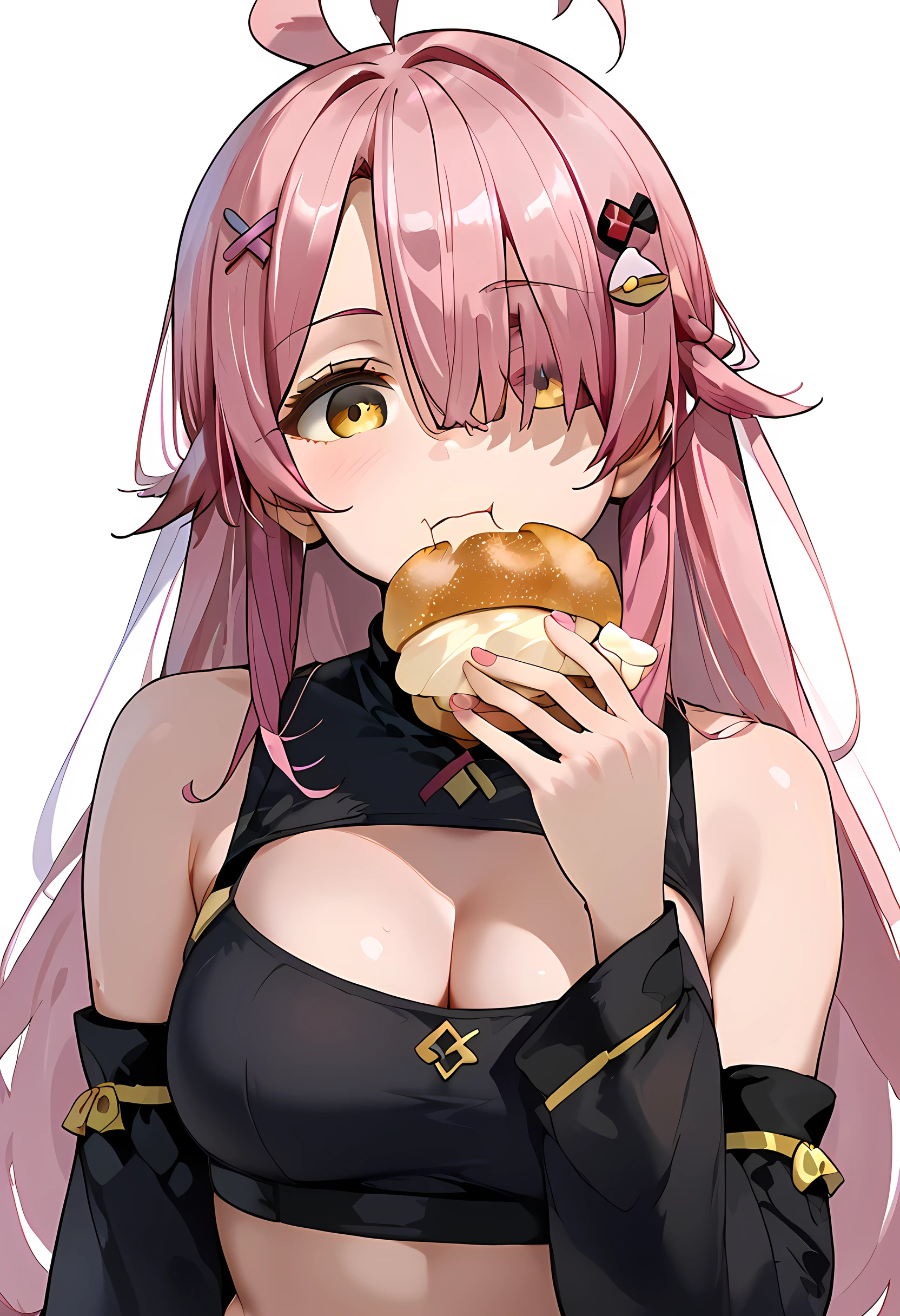 score_9, score_8_up, score_7_up, score_6_up, 1girl, yellow eye, pink hair, long hair, hair over one eye, ahoge, black crop top, detached sleeves, black sleeves, hair ornament, medium breasts, cleavage, upper body, holding, food, eating, cream puff, munching, simple background <lora:Cream_puff:1>