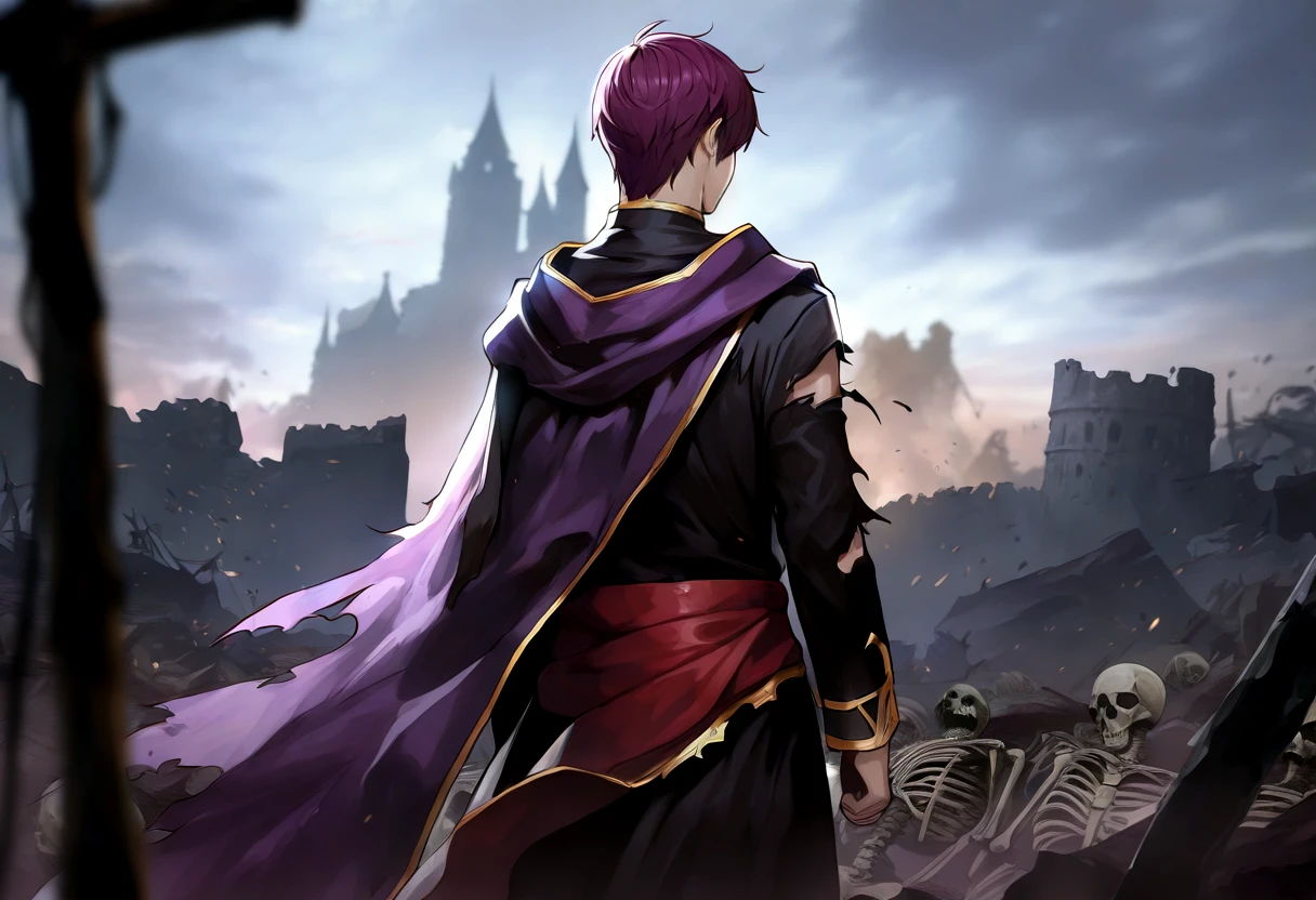 1boy, male focus,solo ,  black robe, purple cape, purple eyes, purple hair,  red sash, gold trim, bangs,  <lora:canas-ilxl-t1:1>, torn clothing,   battlefield,  skeletons, facing away, castle ruins, depth of field, very aesthetic, masterpiece, best quality, very aesthetic, highres, absurdres, sensitive,