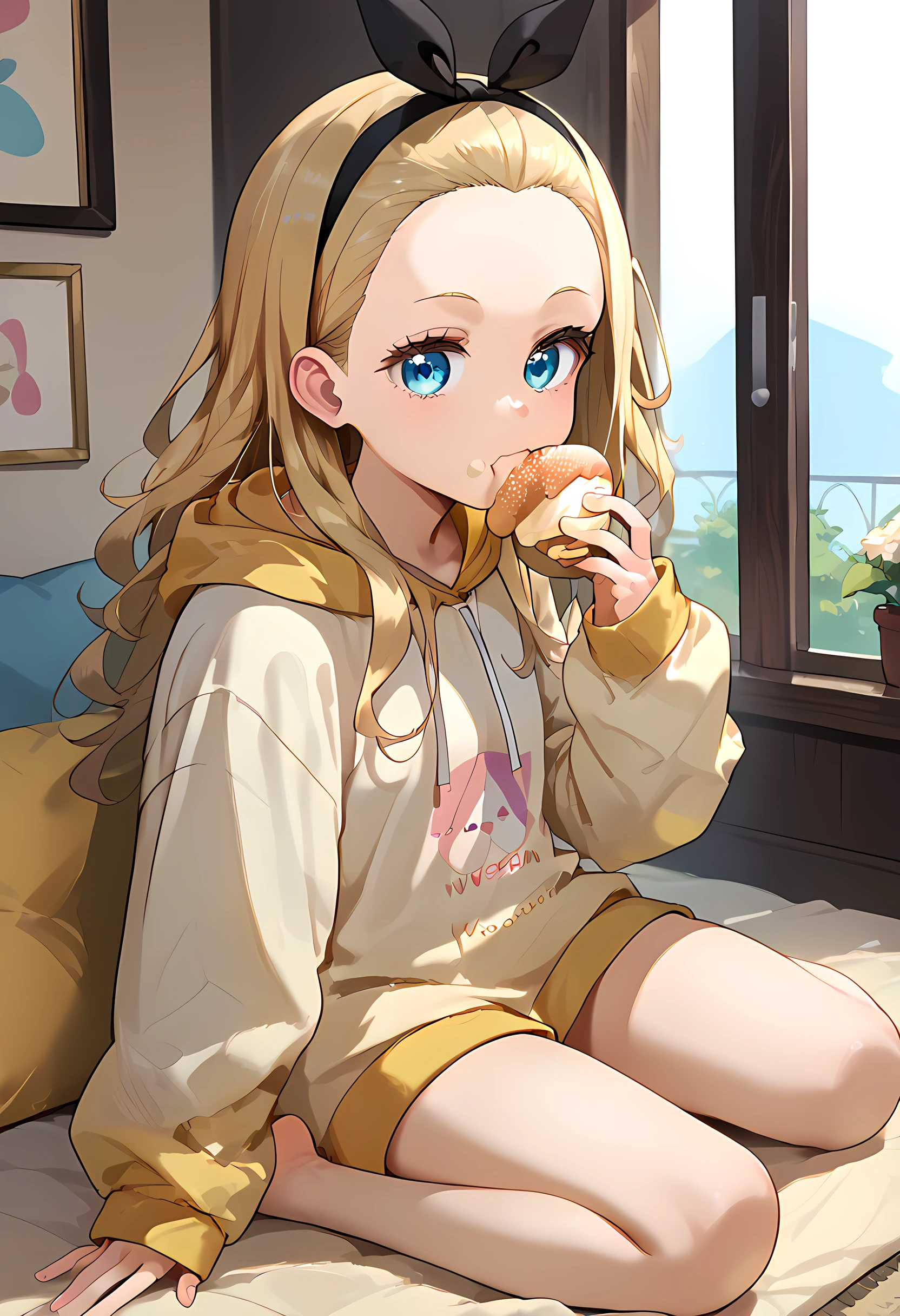 score_9, score_8_up, score_7_up, score_6_up, 1girl, kurumi \(lycoris recoil\), blonde hair, hair ribbon, long hair, black ribbon, blue eyes, ,hoodie, white hoodie, drawstring, long sleeves ,sleeves past fingers, barefoot, eating, cream puff <lora:Cream_puff:1> <lora:Kurumi:1>