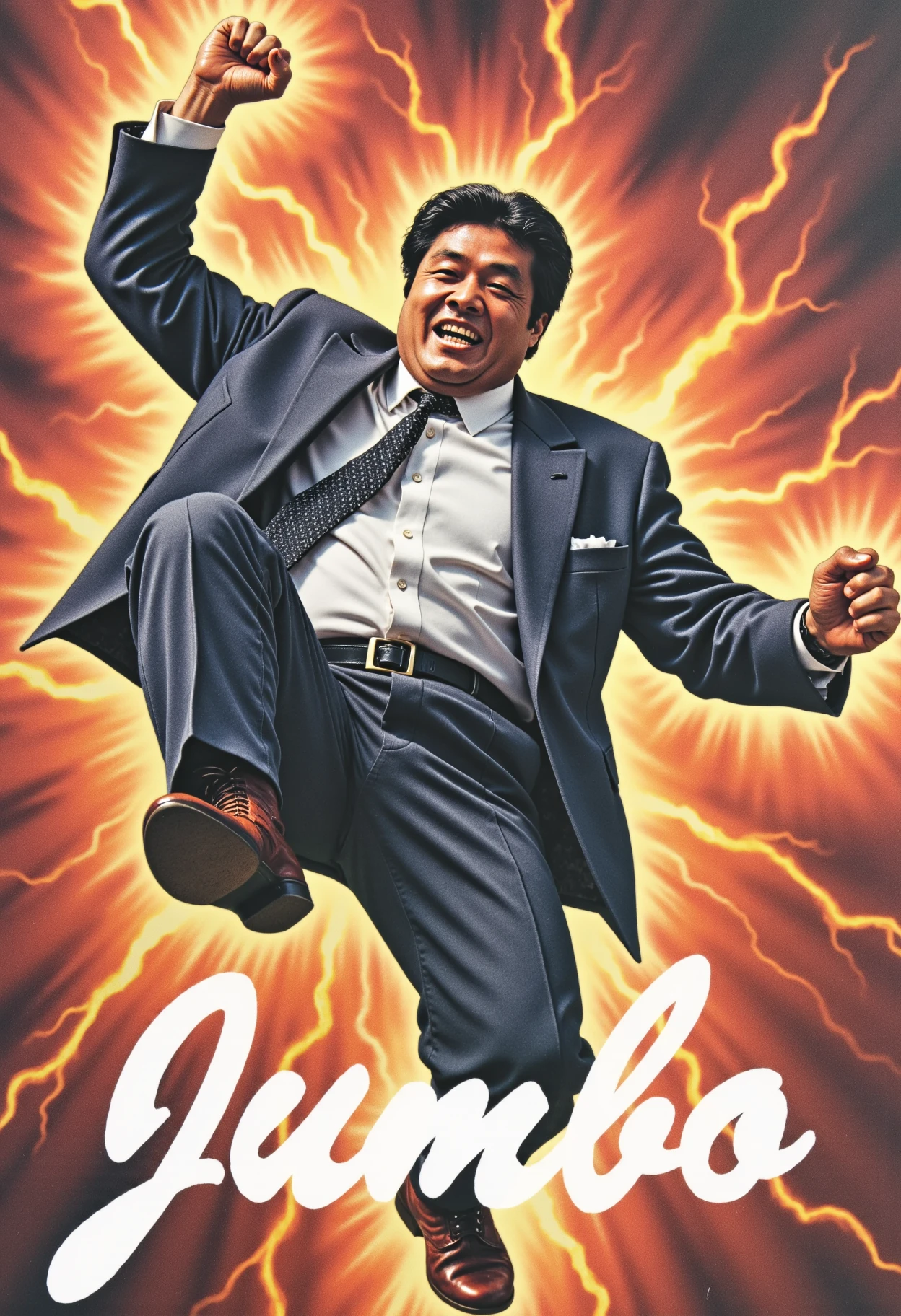 art illustrating insane amounts of raging elemental energy turning into image of muscular professor middle-aged happy Jumbo Tsuruta in a suit with dark hair, in the air with only his right arm raised, mid vertically jumping knee strike, left leg straight. overlayed cursive white text at the bottom "Jumbo"., avatar of elements. magical surrealism, wizardry. best quality, high resolution