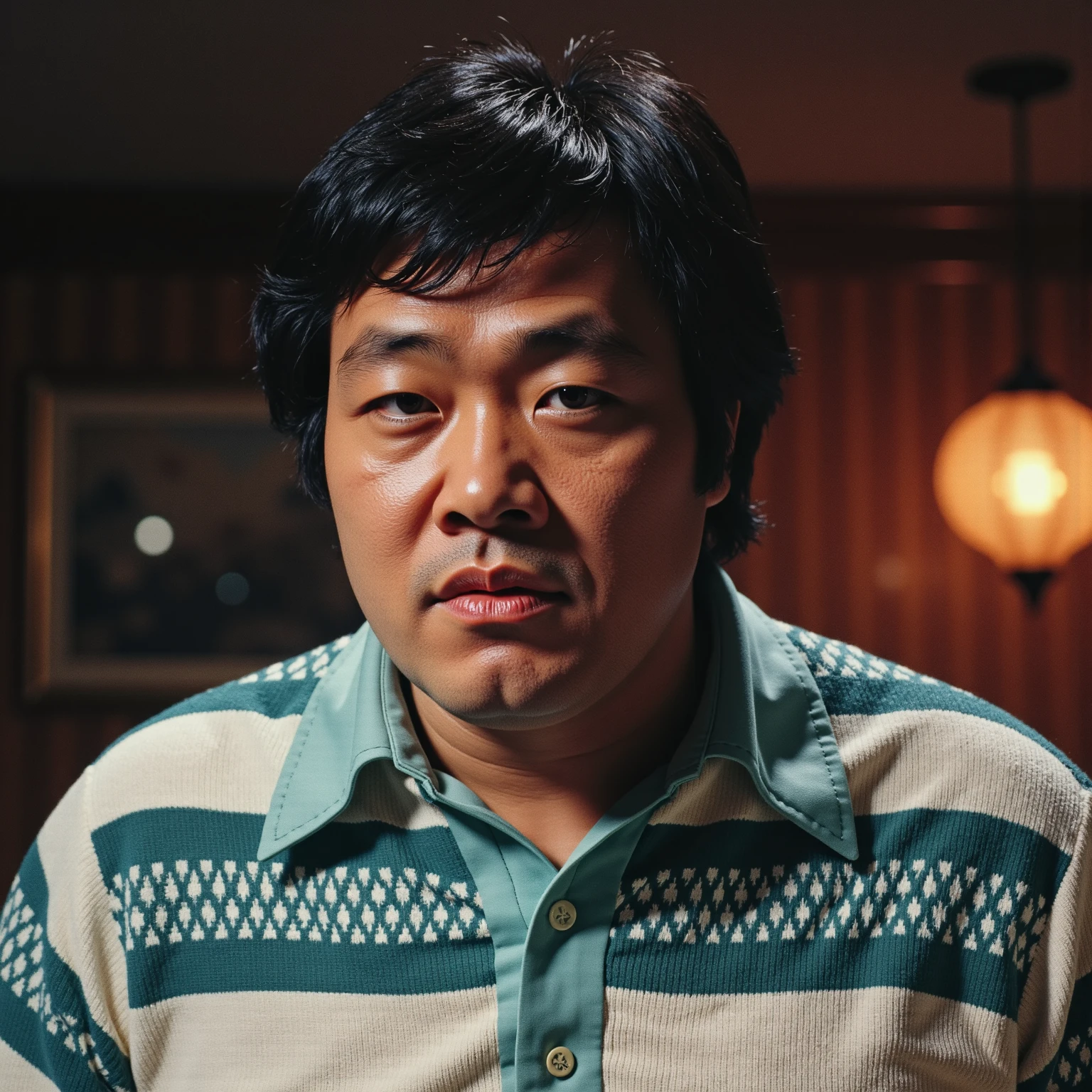 young Jumbo Tsuruta with a serious expression, wearing an ugly white and teal pattern knit polyester collared shirt, circa 1973 glow effects, godrays, Hand drawn, render, 8k, cinema 4d, dark, atmospheric 4k ultra detailed, cinematic, Sharp focus, big depth of field, Masterpiece, colors, 3d octane render, 4k, concept art, hyperrealistic, Vivid colors, extremely detailed wallpaper, Intricate, High Detail, dramatic