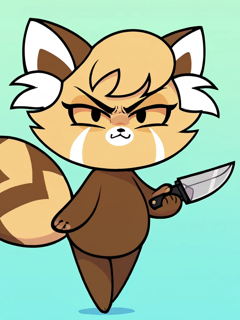 score_9, score_8, score_7_up, score_6_up, source_furry, BREAK CNsassparilla, 1girl, solo, anthro, chibi, brown fur, black eyes, angry, smile, red panda, tail, standing, looking at viewer, holding knife, gradient background, blue background, <lora:Sassparilla:0.9>