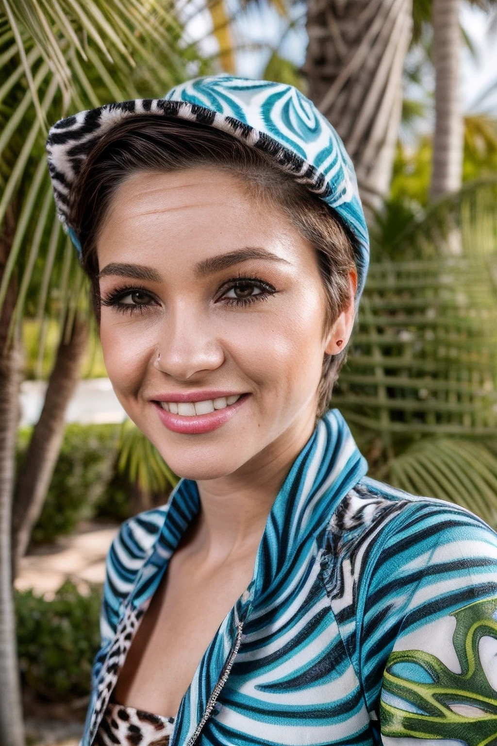 cadey, fujifilm xt3, natural skin texture, smile, short hair, outdoors, t-shirt, (eyelashes, makeup), lip focus, detailed lips, photograph, <skinhairdetail> , absurdres, masterpiece,dynamic pose,(jacket, shirt, hat) facing viewer, palm tree, ocean, sunlight in hair, plants, blurry background, shallow depth of field, cinematic, ((((ANIMAL PRINT)))), <as_youngv2>
