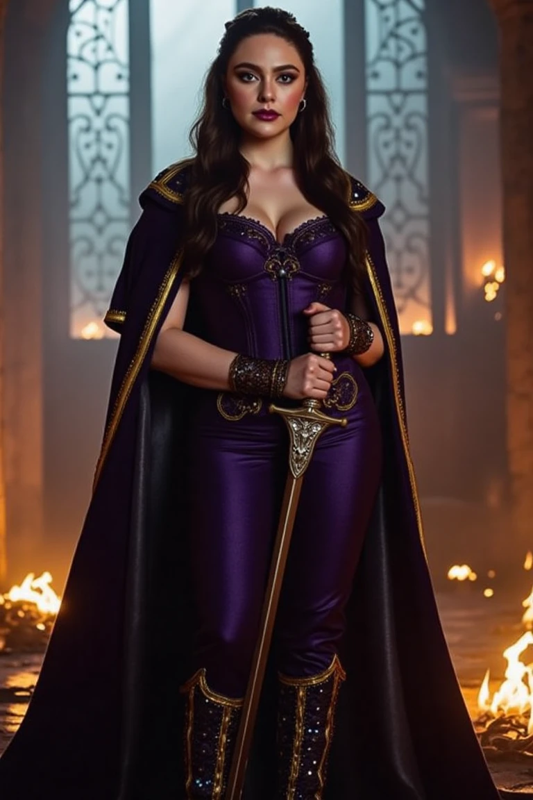 The vampire slayer wears a regal outfit with a dark purple cape lined in gold, a corset encrusted with small gemstones, and combat-ready pants. Her boots are laced with glowing magical threads. She’s positioned in the middle of a crumbling vampire castle, lit by flaming torches. The slayer wields an ornate longsword. The angle is an extreme close-up focusing on her intense expression, with a shallow depth of field captured using a Leica M11 Monochrom camera for high-contrast cinematic flair. danirus